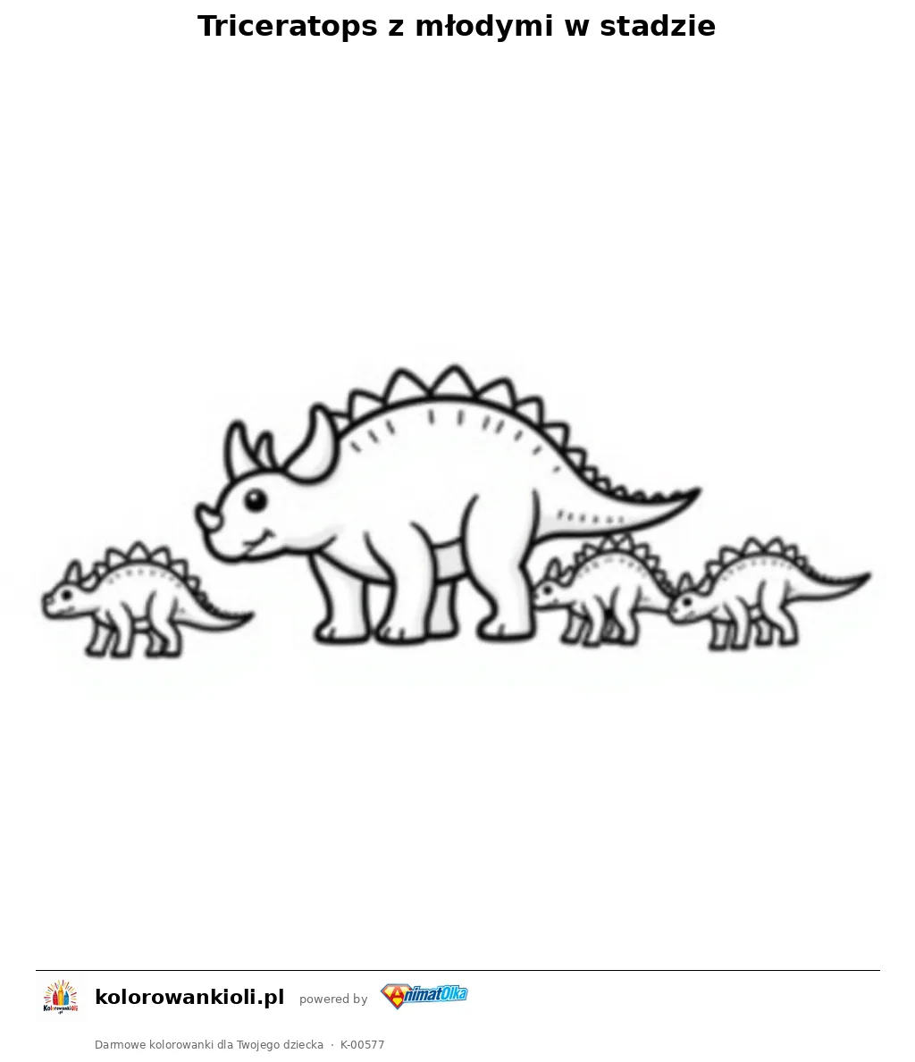 Triceratops z młodymi w stadzie — kolorowanka do wydruku dla dzieci