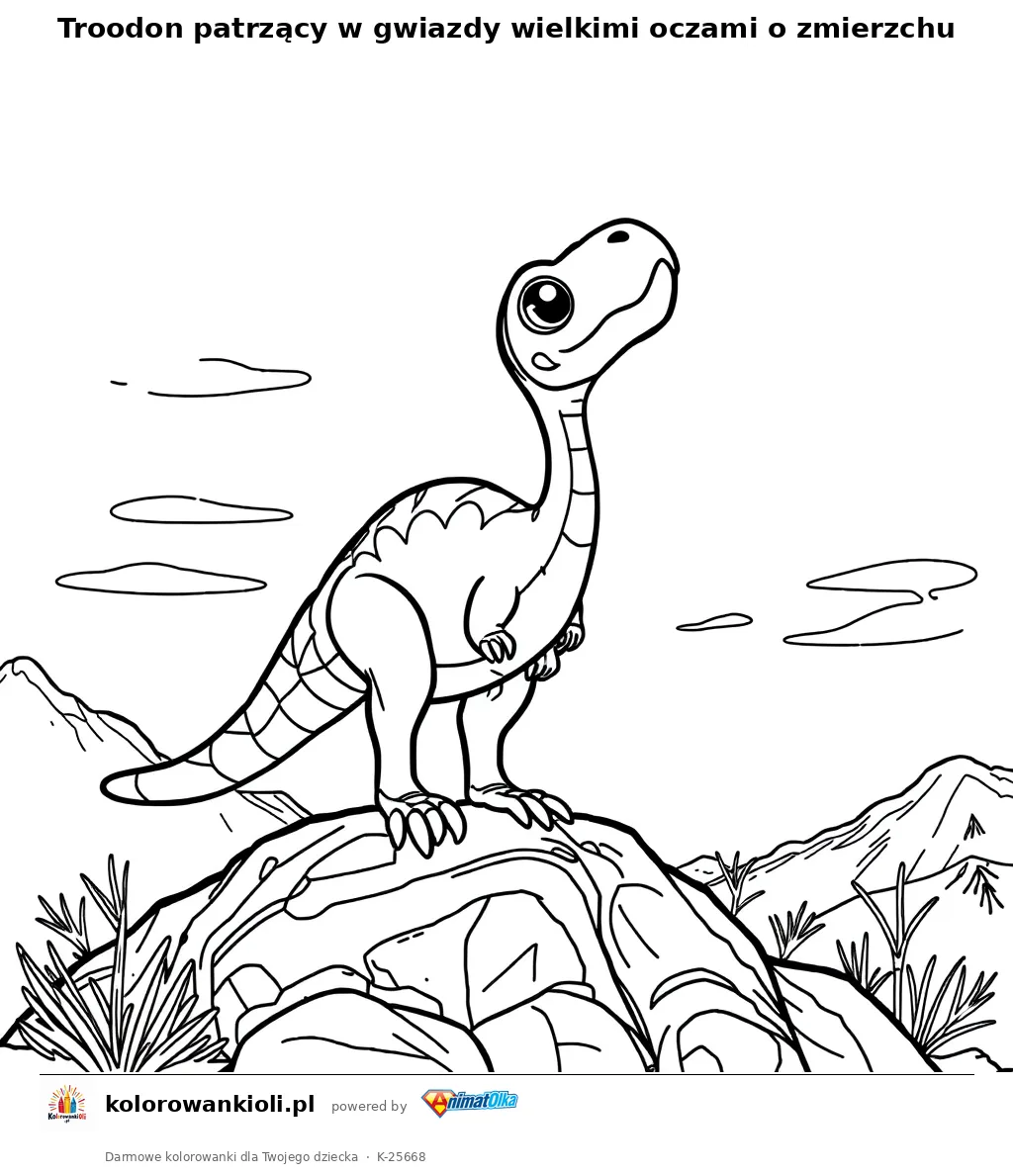 Troodon patrzący w gwiazdy wielkimi oczami o zmierzchu — kolorowanka do wydruku dla dzieci