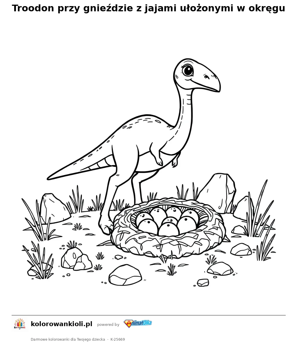 Troodon przy gnieździe z jajami ułożonymi w okręgu — kolorowanka do wydruku dla dzieci