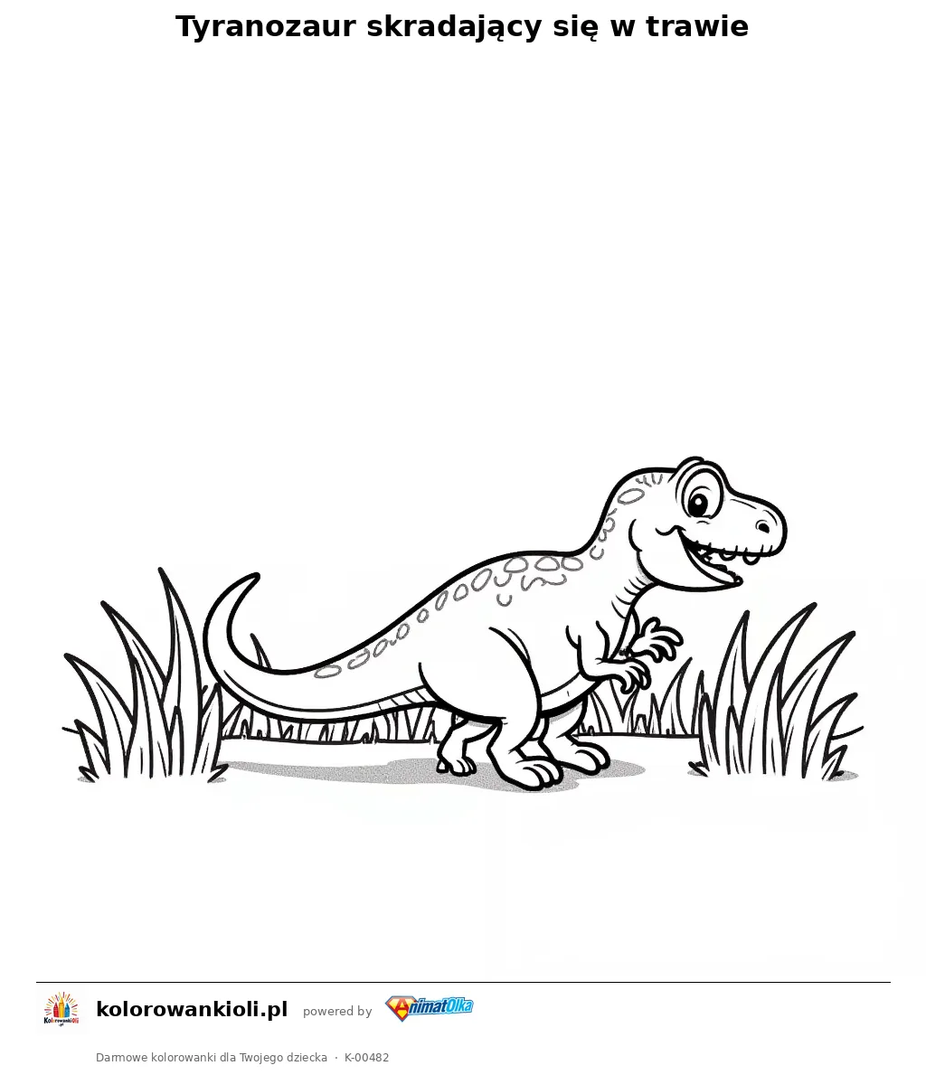 Tyranozaur skradający się w trawie — kolorowanka do wydruku dla dzieci