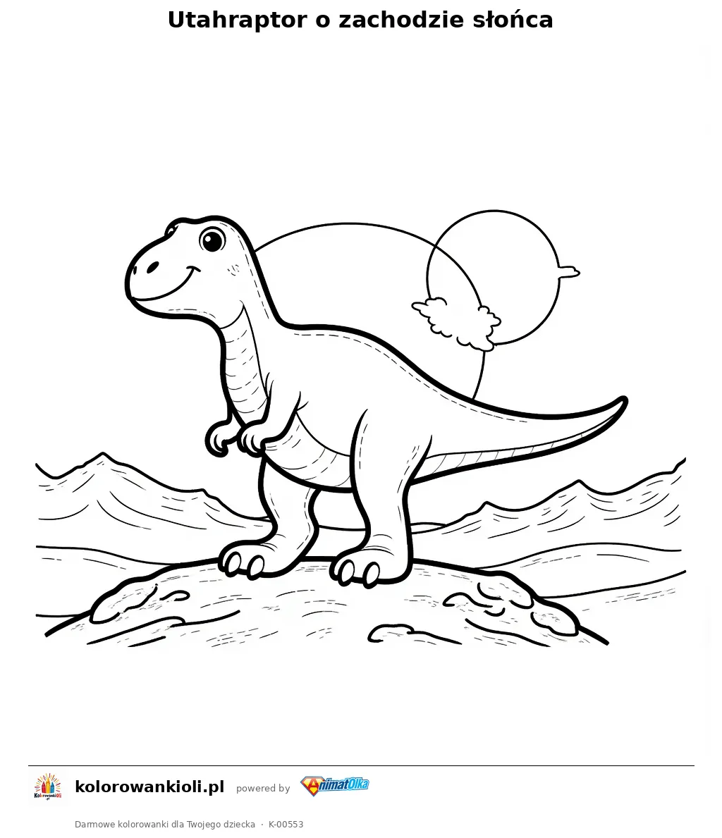 Utahraptor o zachodzie słońca — kolorowanka do wydruku dla dzieci