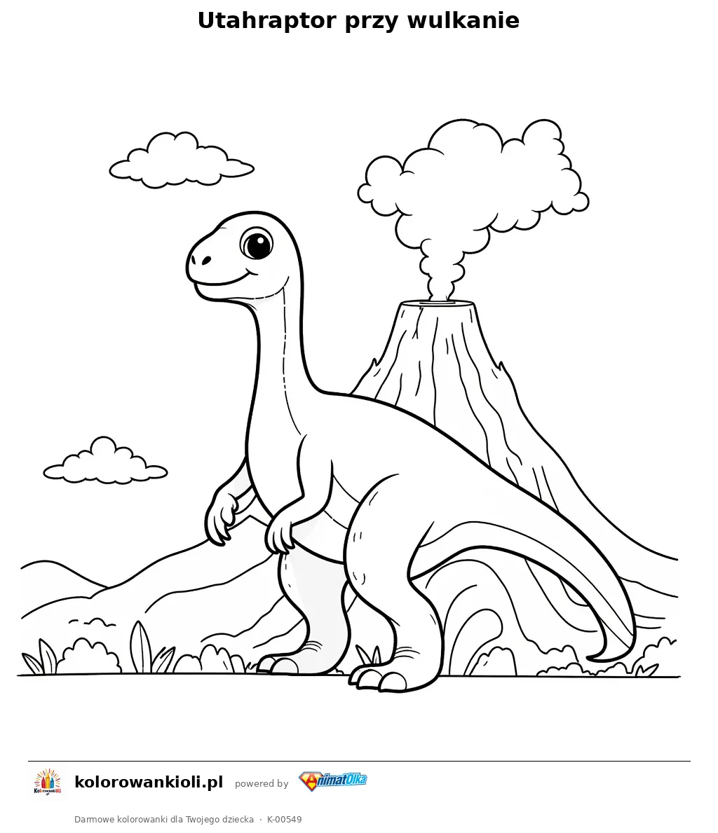Utahraptor przy wulkanie — kolorowanka do wydruku dla dzieci