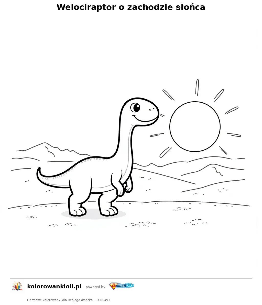 Welociraptor o zachodzie słońca — kolorowanka do wydruku dla dzieci