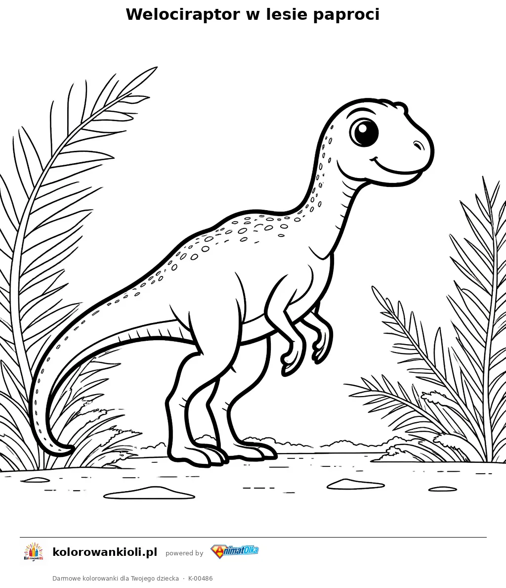 Welociraptor w lesie paproci — kolorowanka do wydruku dla dzieci