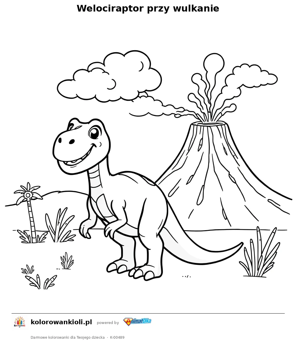 Welociraptor przy wulkanie — kolorowanka do wydruku dla dzieci