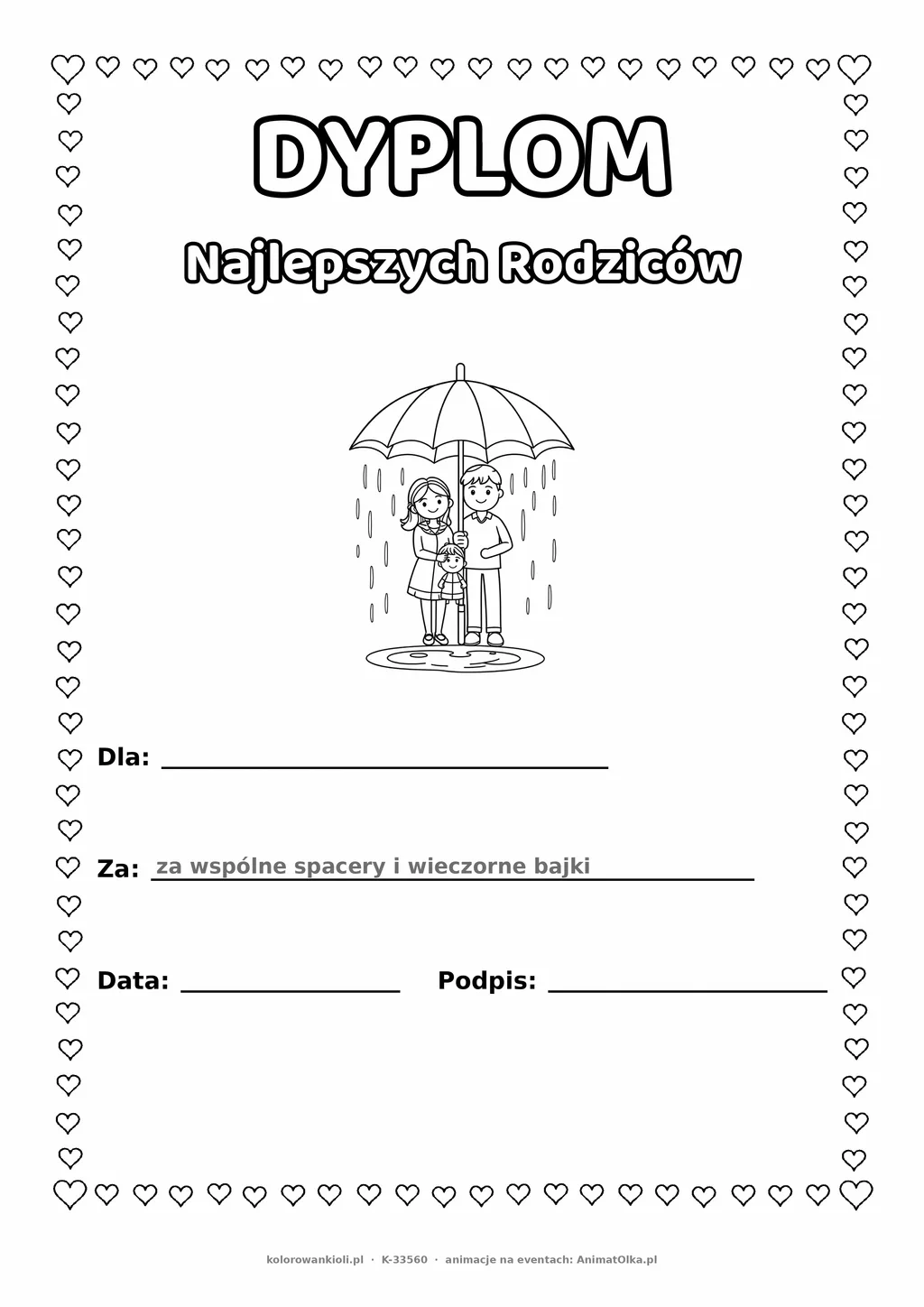 Dyplom dla mamy i taty: rodzina pod parasolem — do druku i kolorowania A4, pola na imię, datę i podpis