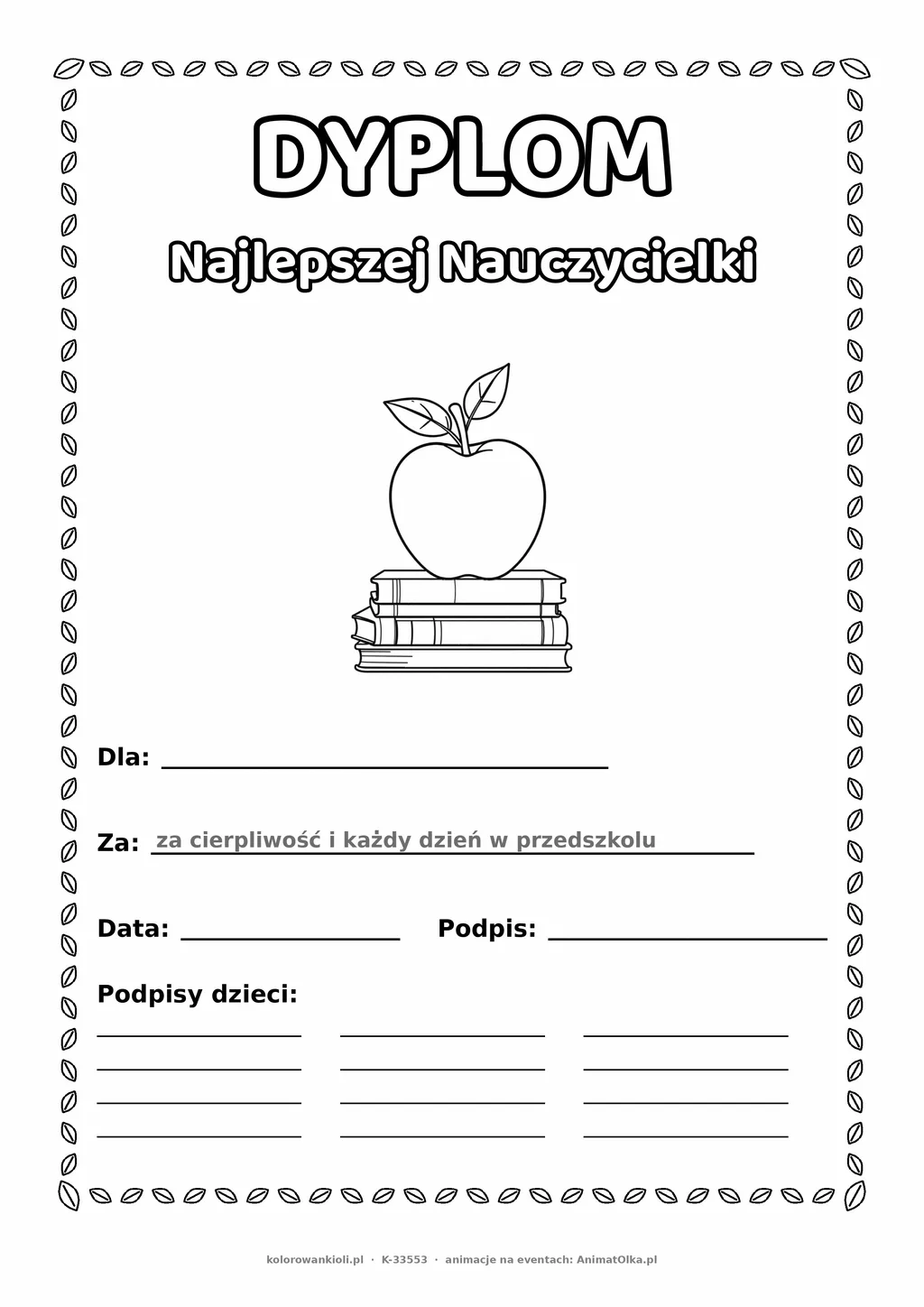 Dyplom dla najlepszej nauczycielki: jabłko i książki — do druku i kolorowania A4, pola na imię, datę i podpis