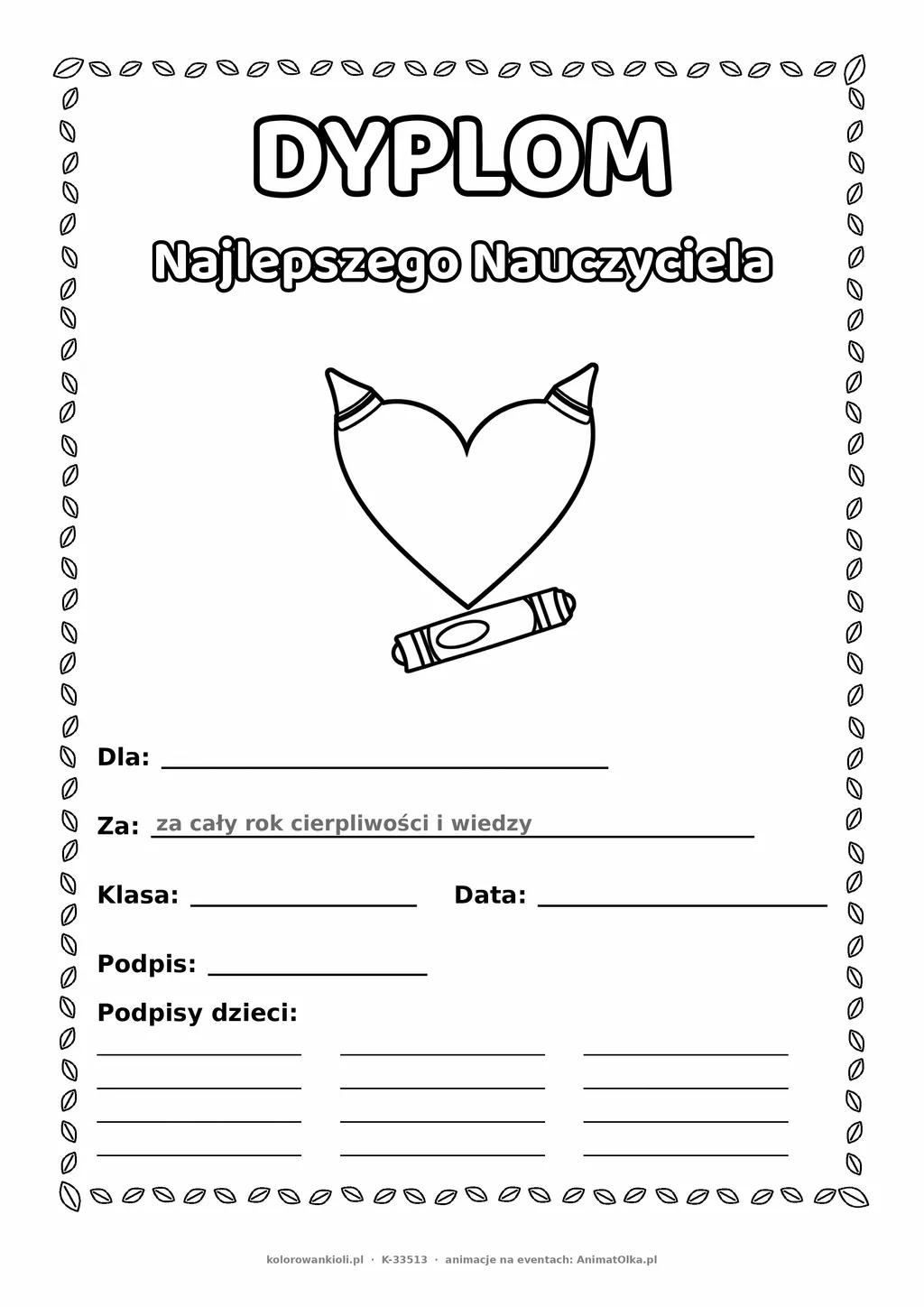 Dyplom dla nauczyciela na koniec roku: serce z kredek — do druku i kolorowania A4, pola na imię, datę i podpis
