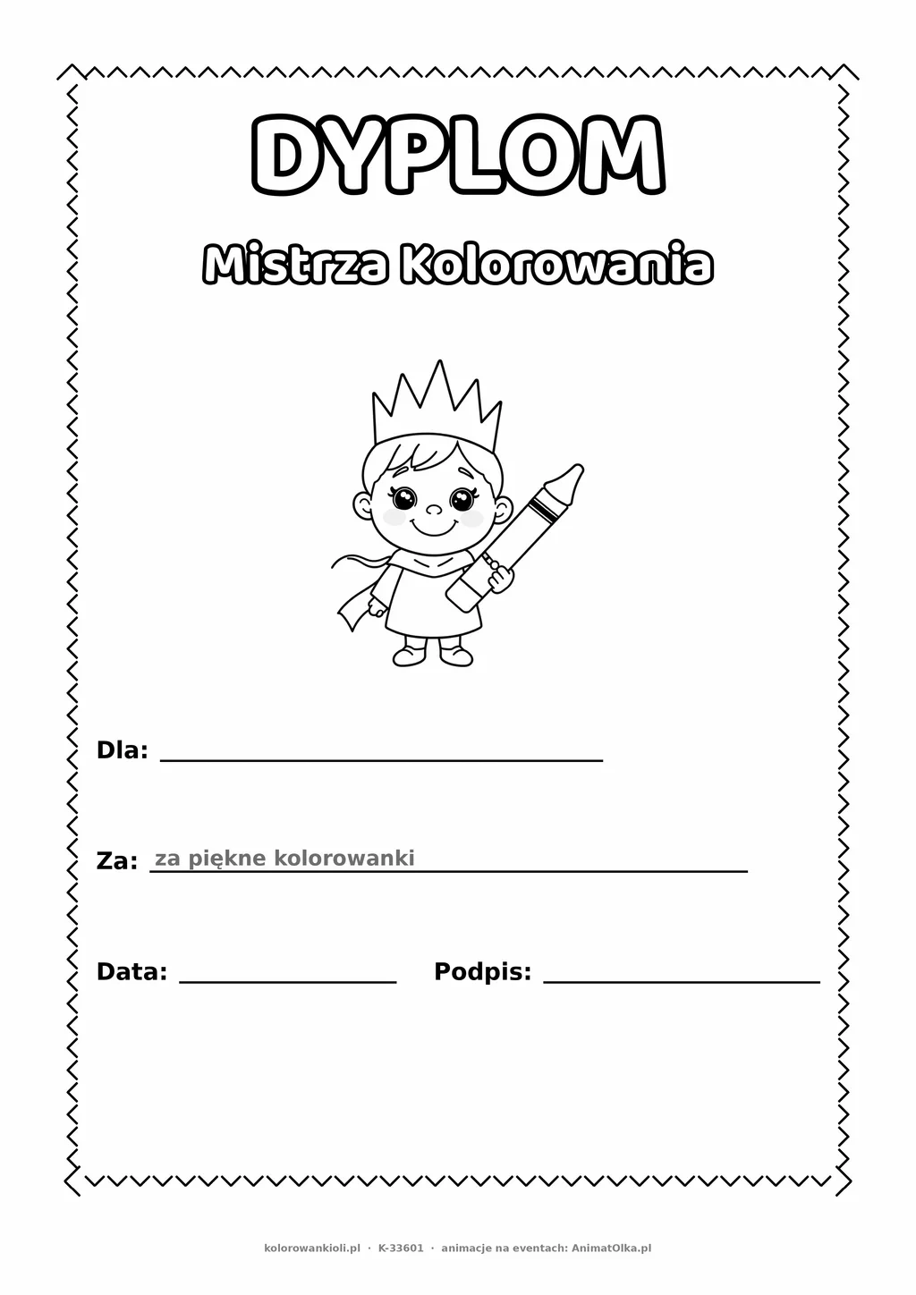 Dyplom mistrza kolorowania: korona i kredka — do druku i kolorowania A4, pola na imię, datę i podpis