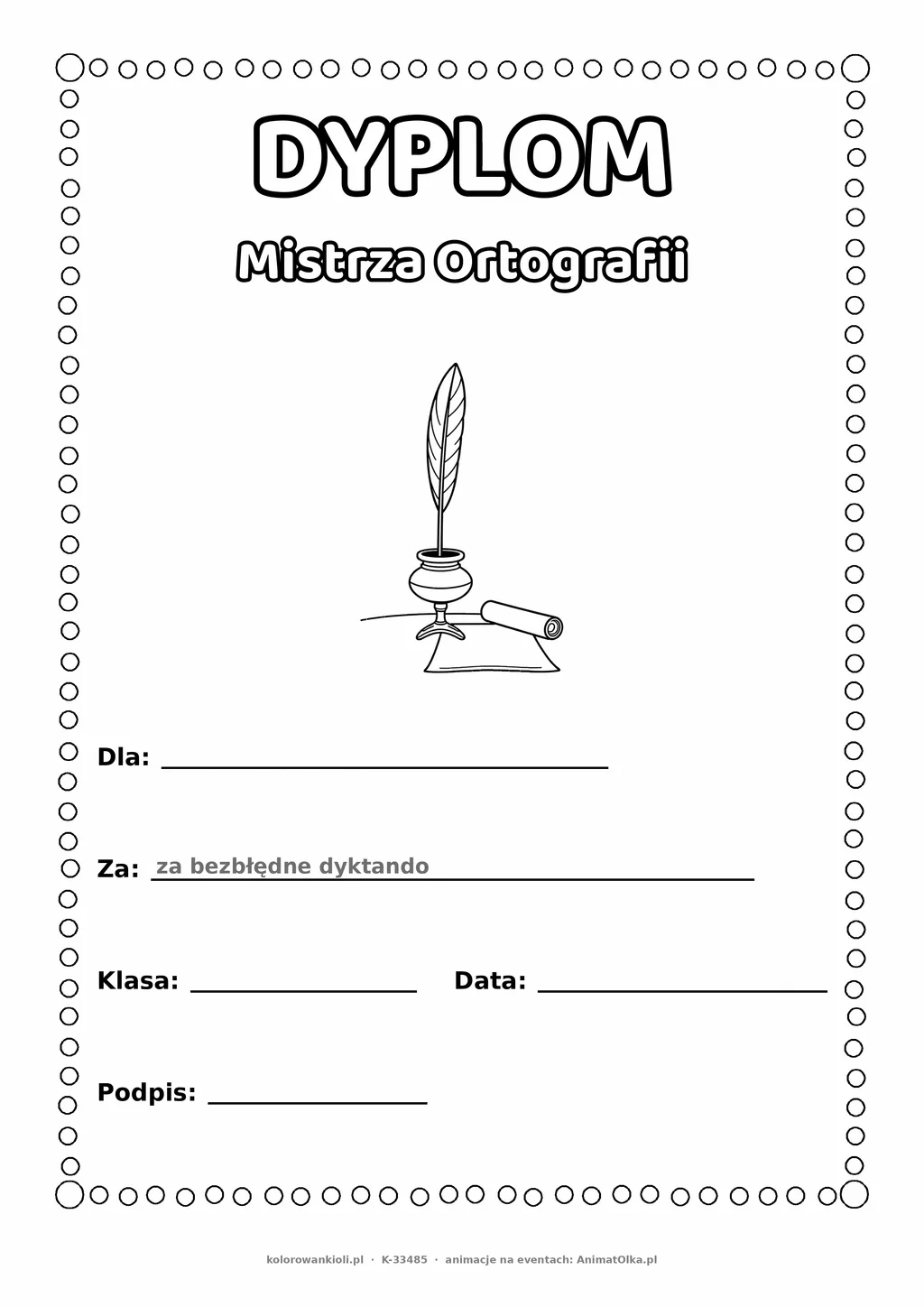 Dyplom mistrza ortografii: pióro i kałamarz — do druku i kolorowania A4, pola na imię, datę i podpis