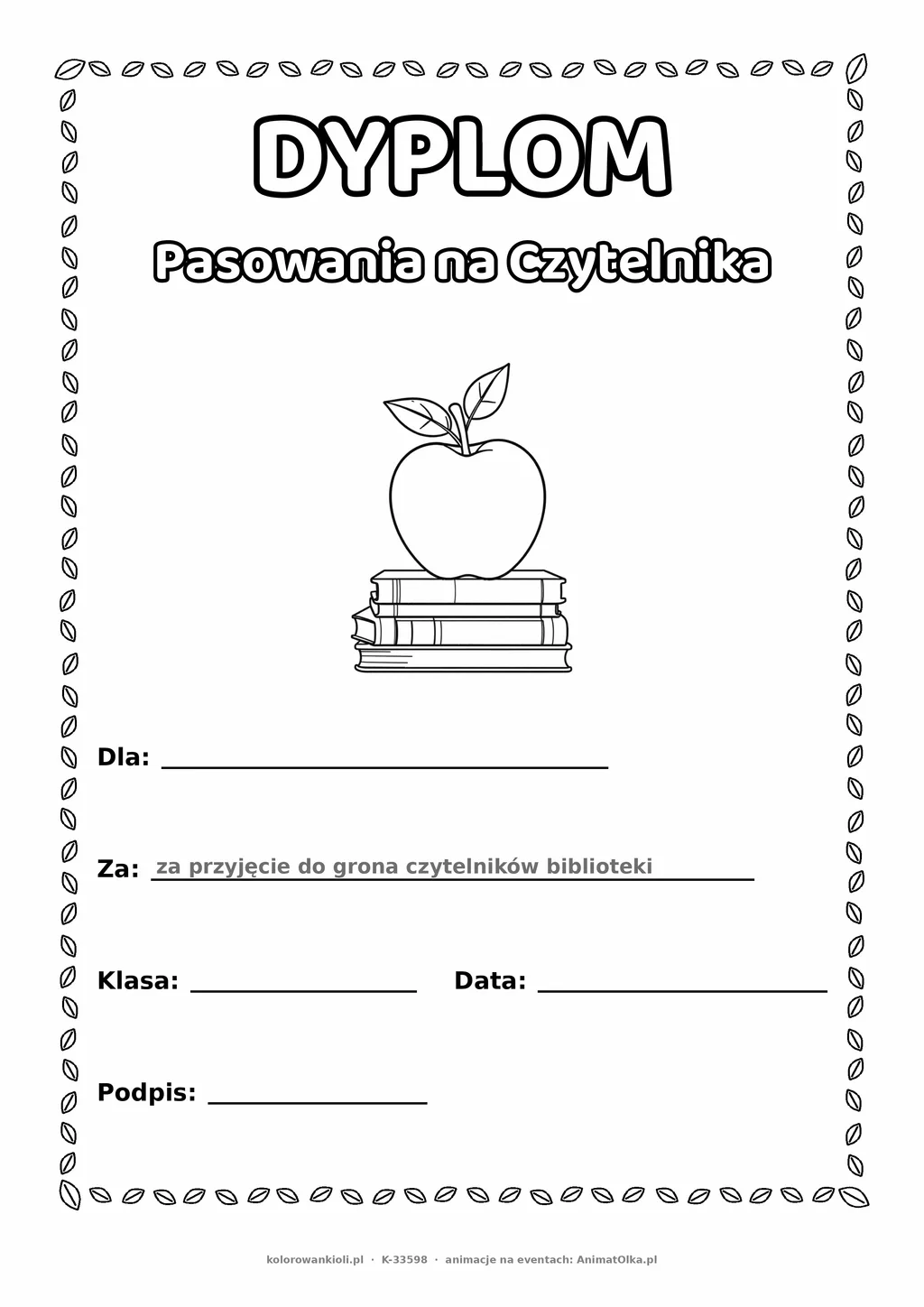 Dyplom pasowania na czytelnika: jabłko i książki — do druku i kolorowania A4, pola na imię, datę i podpis