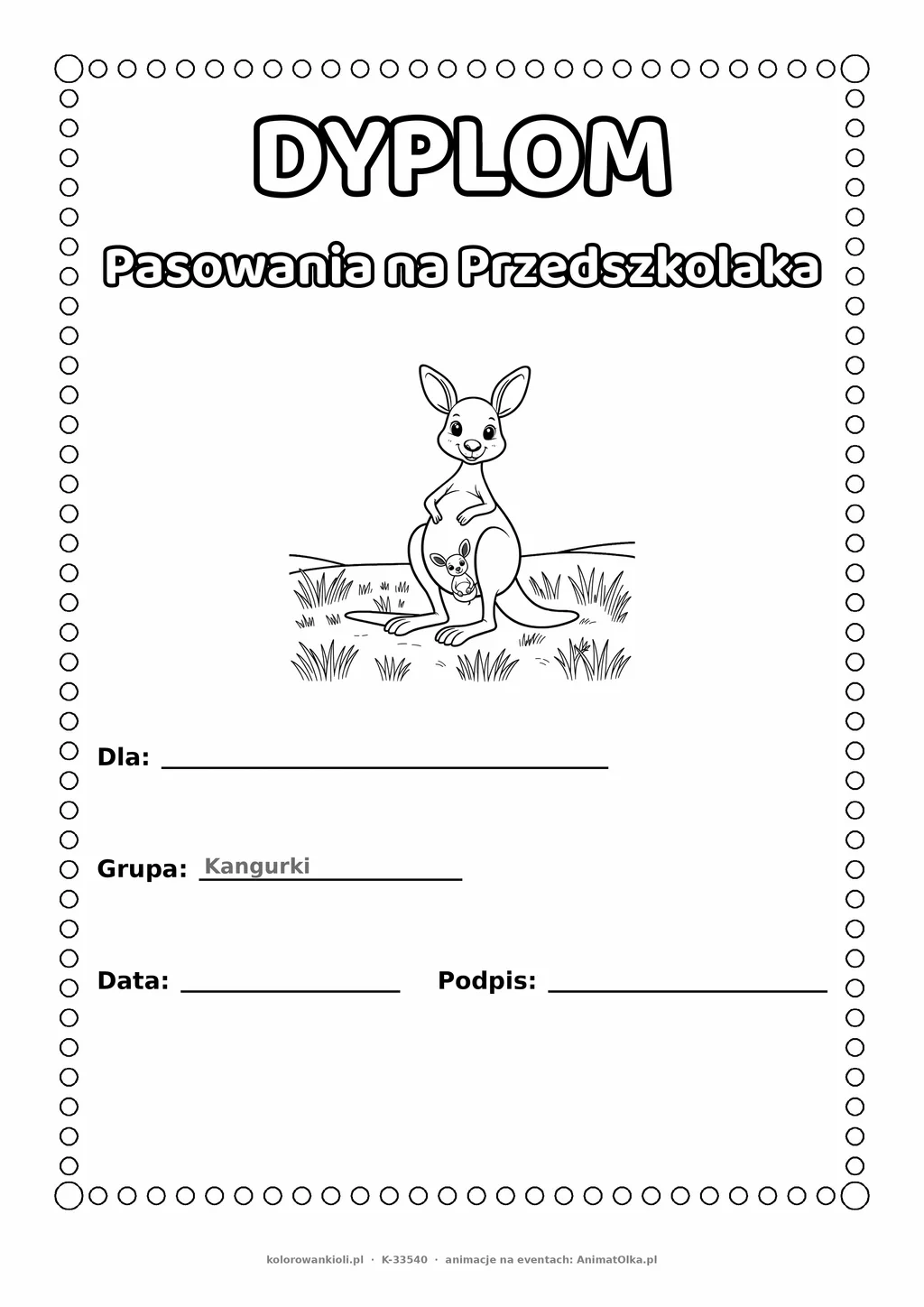 Dyplom pasowania na przedszkolaka dla grupy Kangurki — do druku i kolorowania A4, pola na imię i datę
