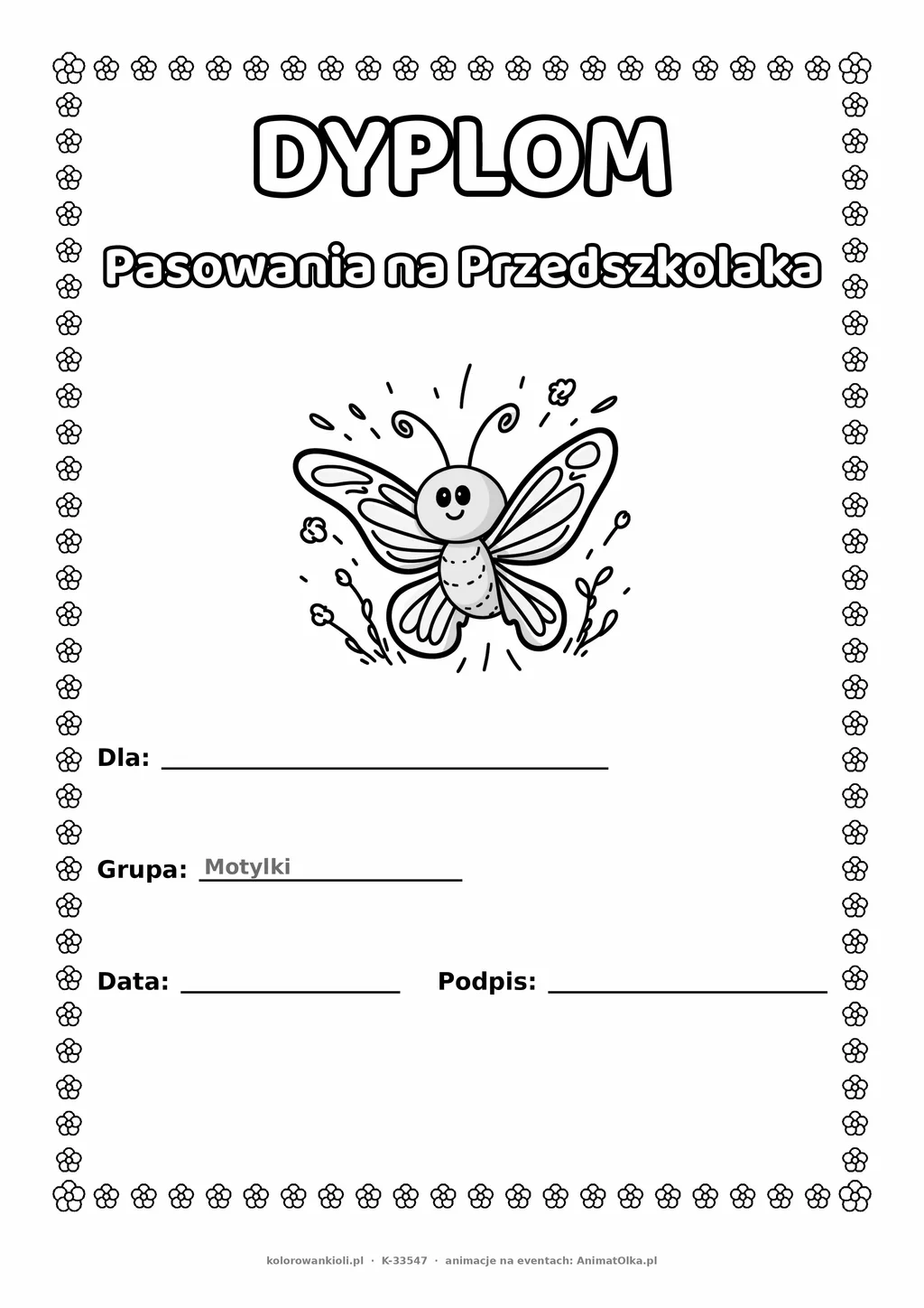 Dyplom pasowania na przedszkolaka dla grupy Motylki — do druku i kolorowania A4, pola na imię i datę