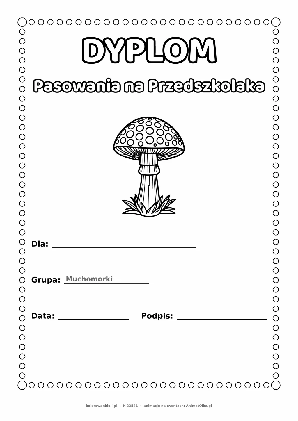 Dyplom pasowania na przedszkolaka dla grupy Muchomorki — do druku i kolorowania A4, pola na imię i datę