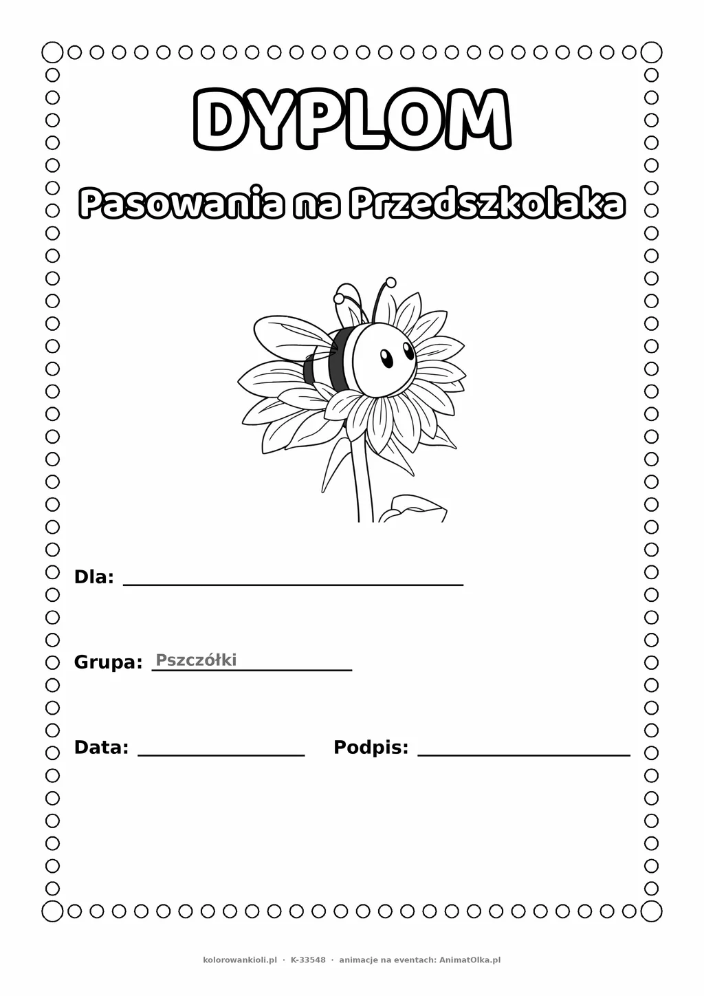 Dyplom pasowania na przedszkolaka dla grupy Pszczółki — do druku i kolorowania A4, pola na imię i datę