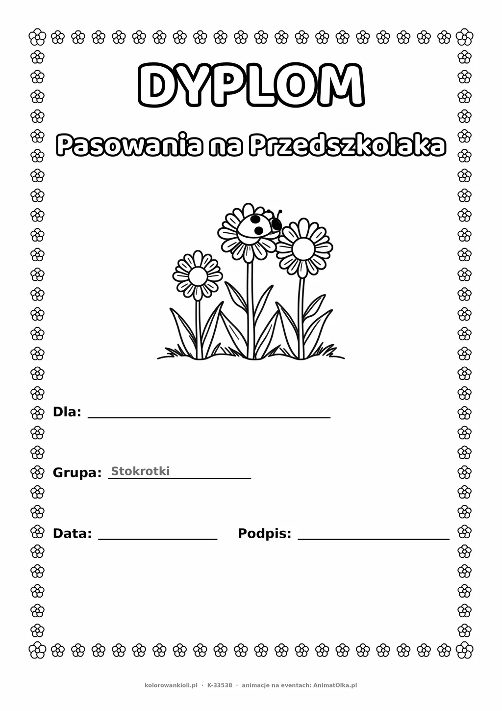 Dyplom pasowania na przedszkolaka dla grupy Stokrotki — do druku i kolorowania A4, pola na imię i datę