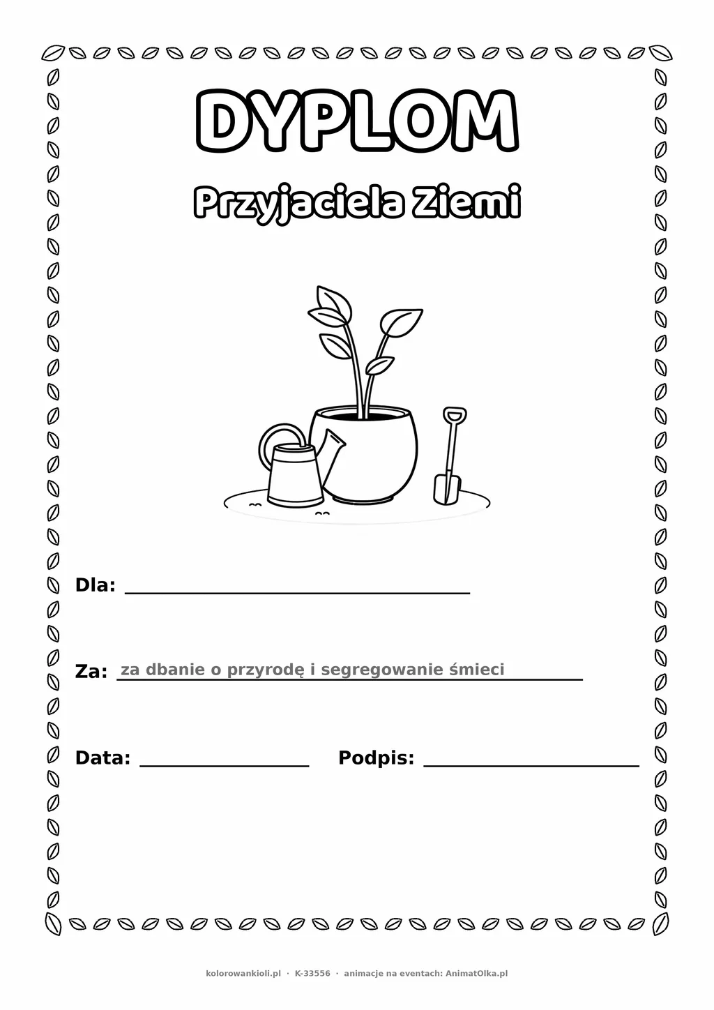 Dyplom przyjaciela Ziemi: sadzonka z konewką — do druku i kolorowania A4, pola na imię, datę i podpis