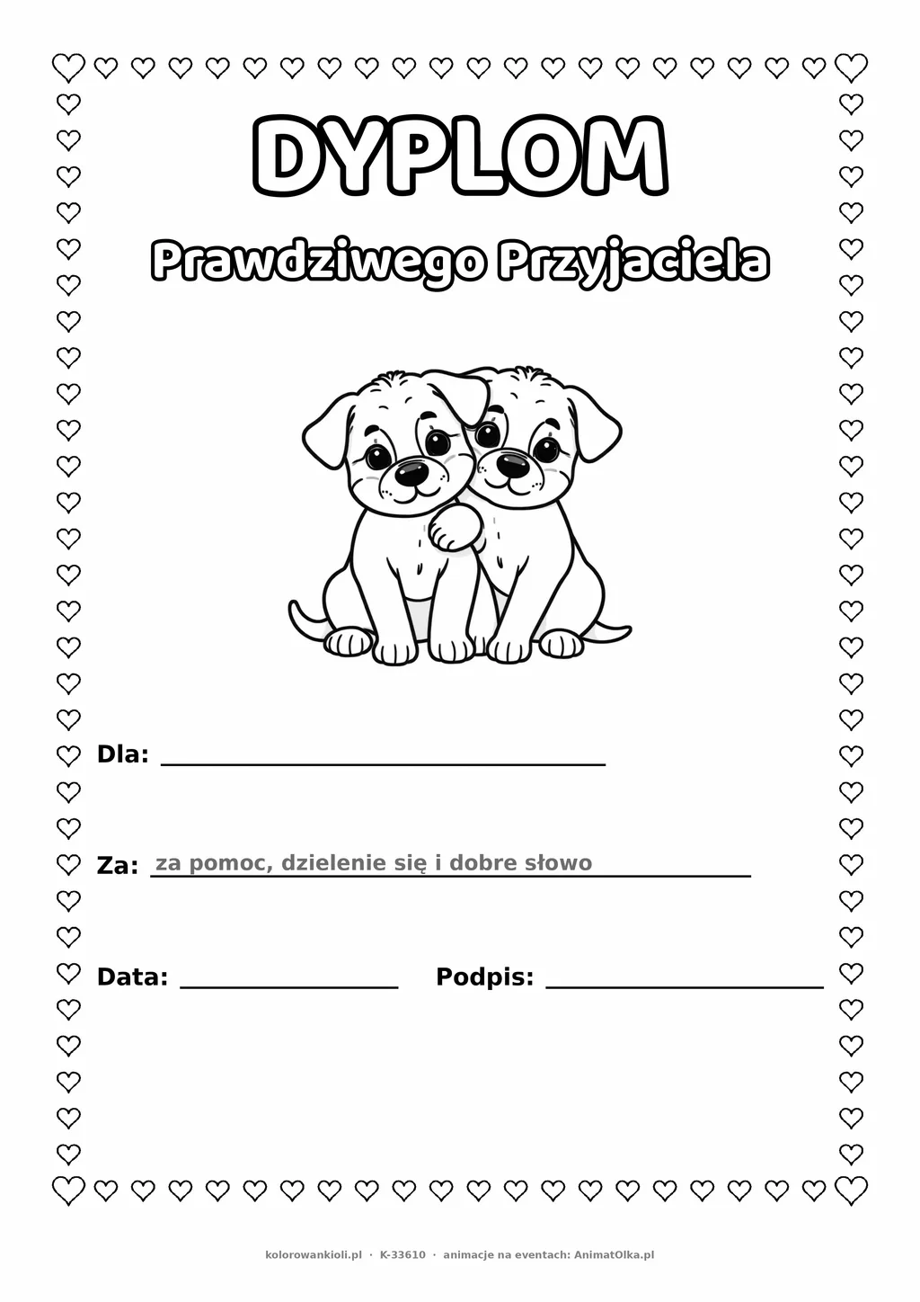 Dyplom przyjaciela: dwa pieski — do druku i kolorowania A4, pola na imię, datę i podpis