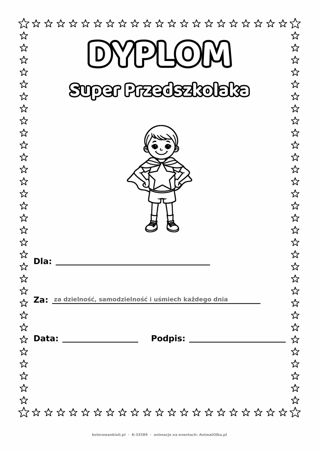 Dyplom super przedszkolaka: przedszkolak w pelerynie — do druku i kolorowania A4, pola na imię, datę i podpis