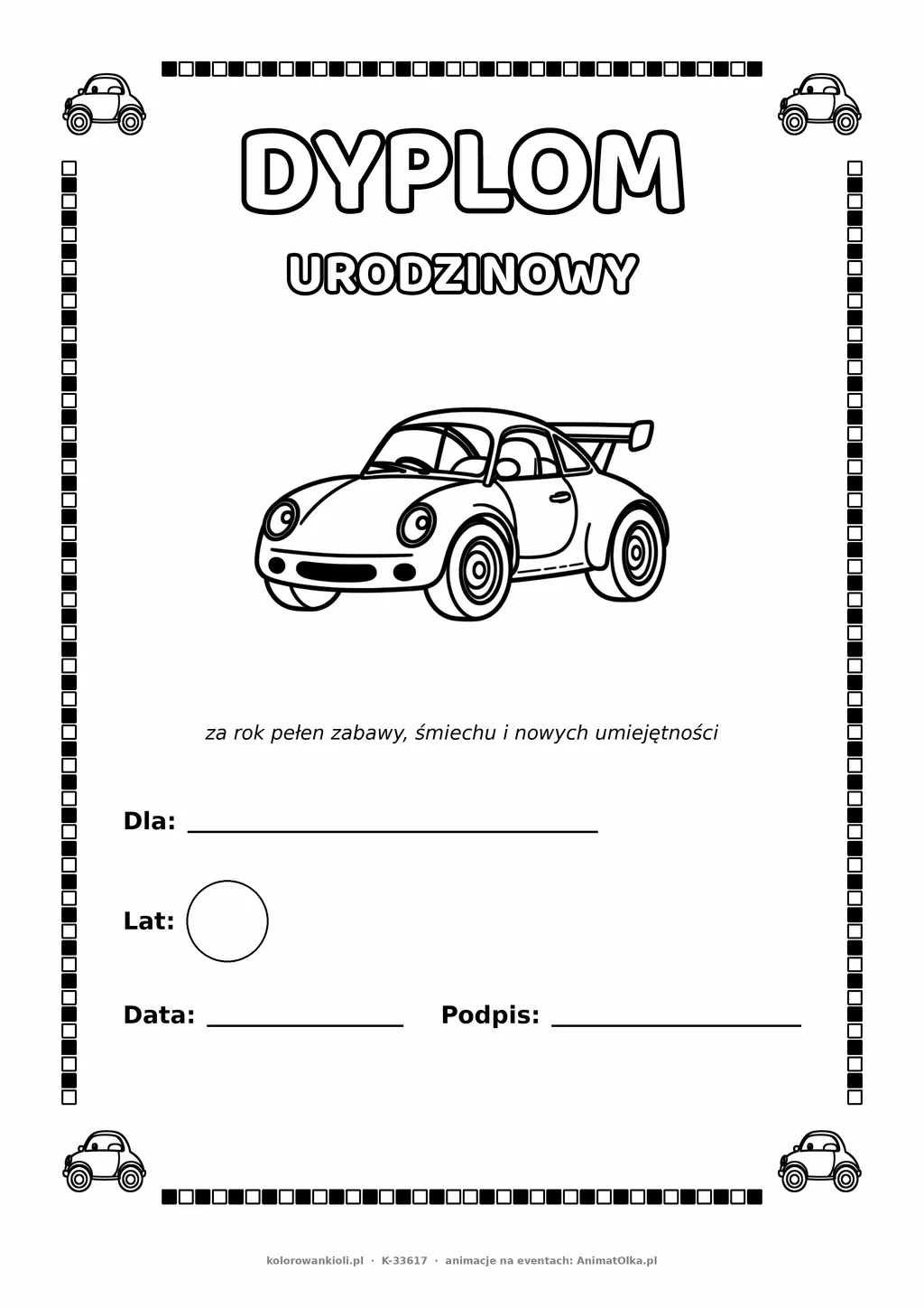 Dyplom urodzinowy z autami do pokolorowania — pole na imię, wiek, datę i podpis, A4