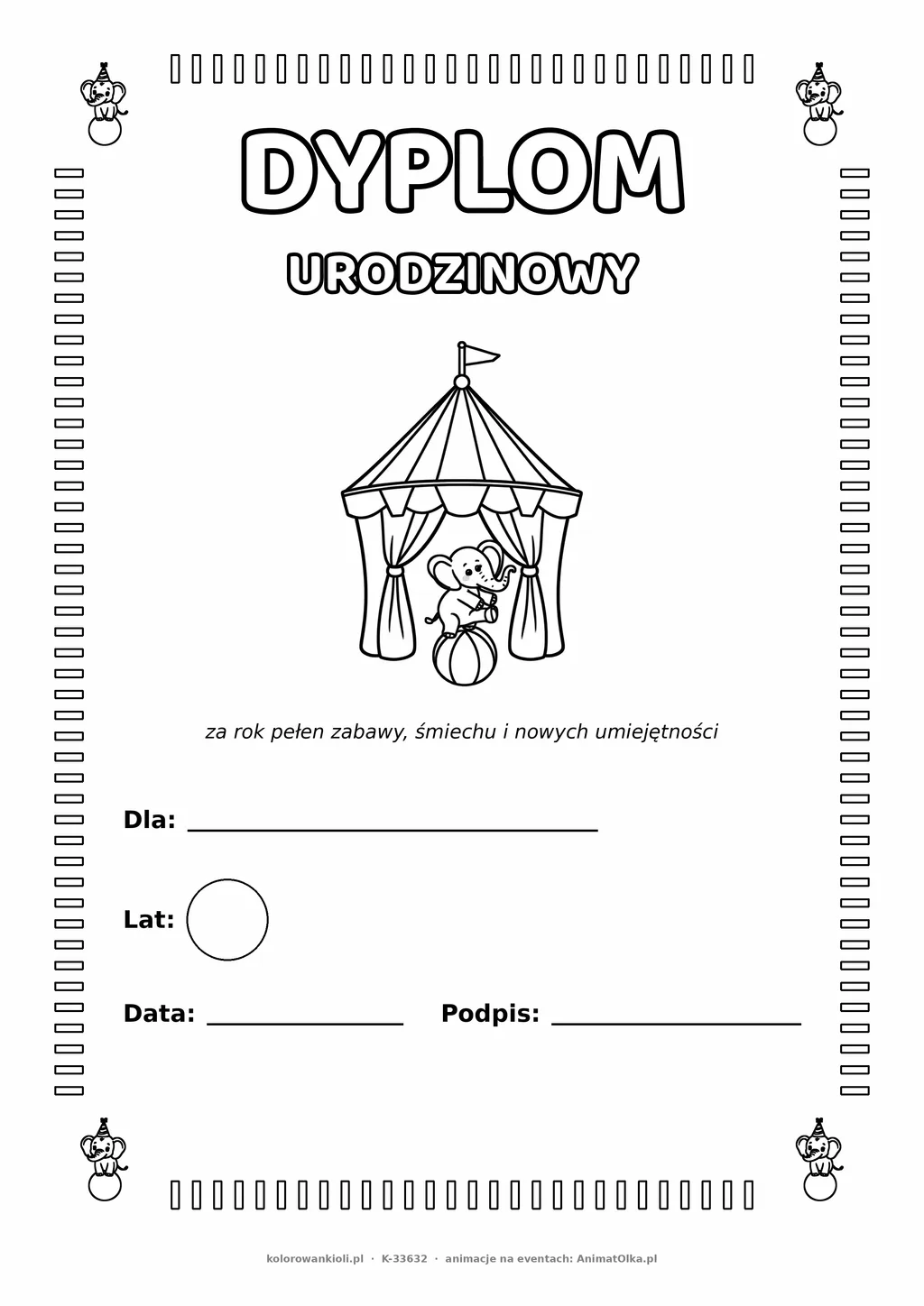 Dyplom urodzinowy z cyrkowym namiotem do pokolorowania — pole na imię, wiek, datę i podpis, A4