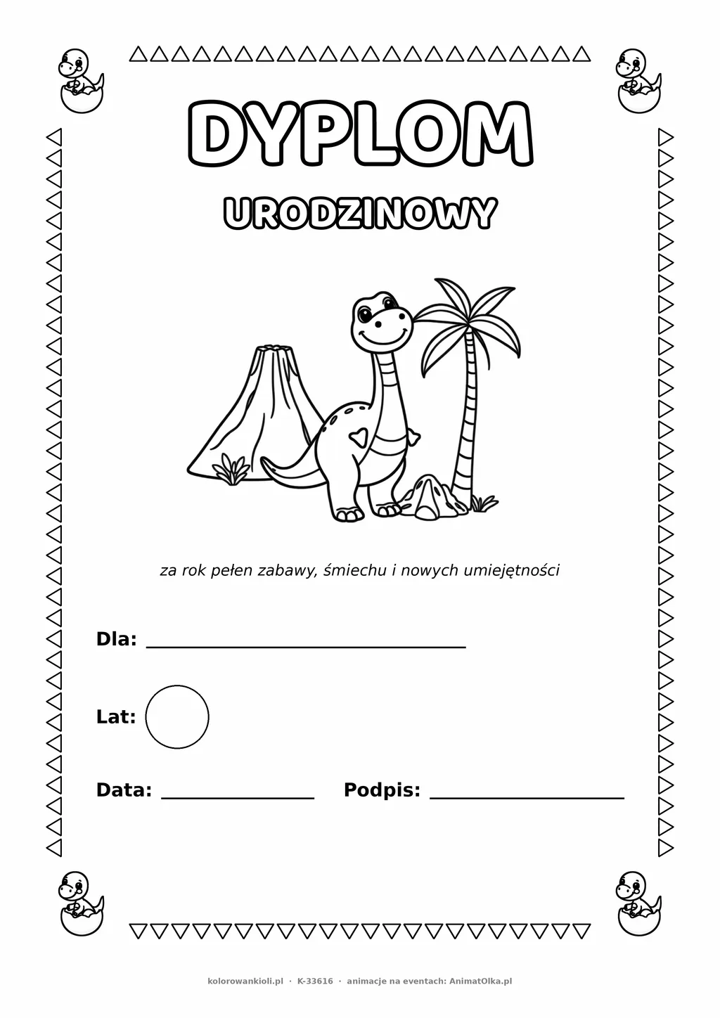 Dyplom urodzinowy z dinozaurami do pokolorowania — pole na imię, wiek, datę i podpis, A4