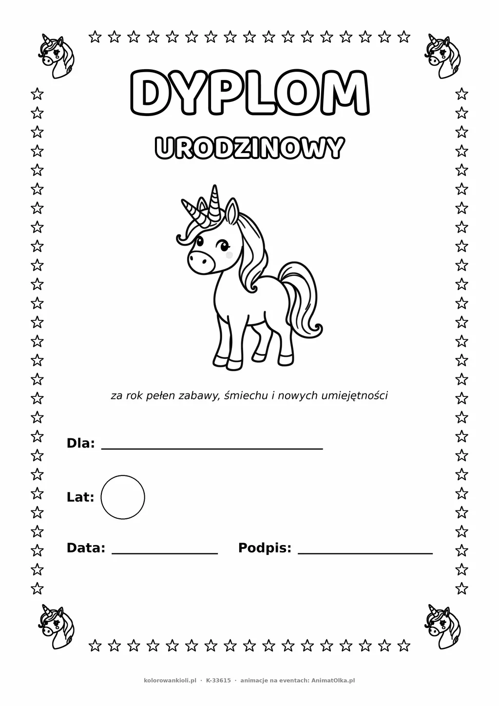 Dyplom urodzinowy z jednorożcem do pokolorowania — pole na imię, wiek, datę i podpis, A4