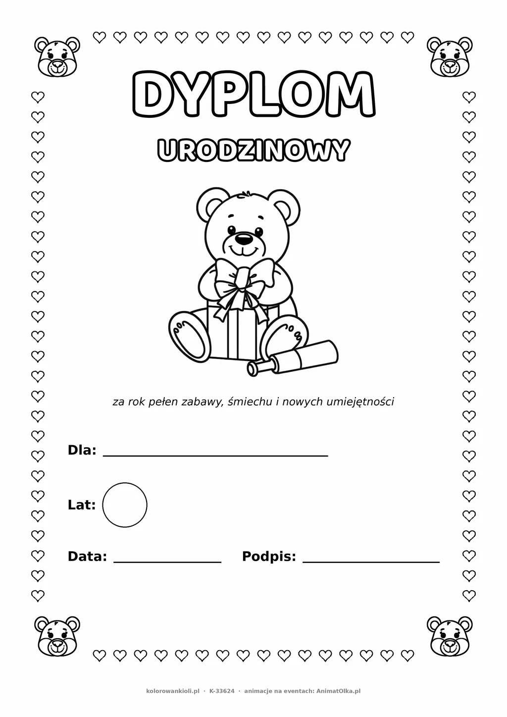 Dyplom urodzinowy z misiem do pokolorowania — pole na imię, wiek, datę i podpis, A4