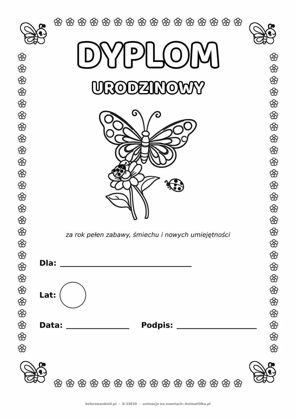 Dyplom urodzinowy z motylami do pokolorowania — pole na imię, wiek, datę i podpis, A4