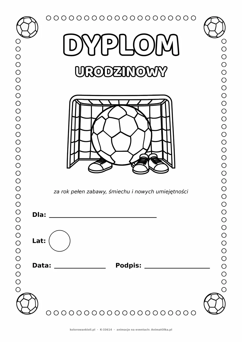 Dyplom urodzinowy z piłką nożną do pokolorowania — pole na imię, wiek, datę i podpis, A4