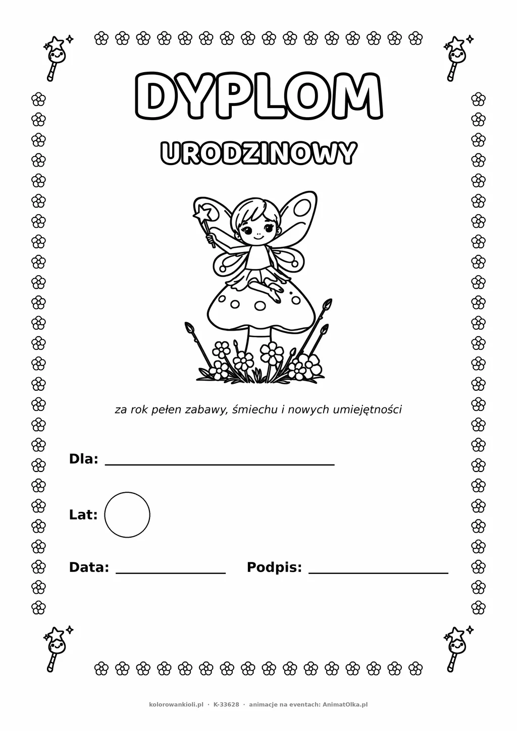 Dyplom urodzinowy z wróżką do pokolorowania — pole na imię, wiek, datę i podpis, A4