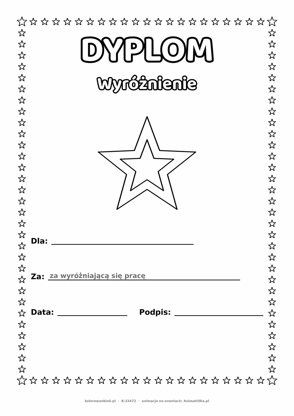 Dyplom wyróżnienie w konkursie: gwiazda — do druku i kolorowania A4, pola na imię, datę i podpis