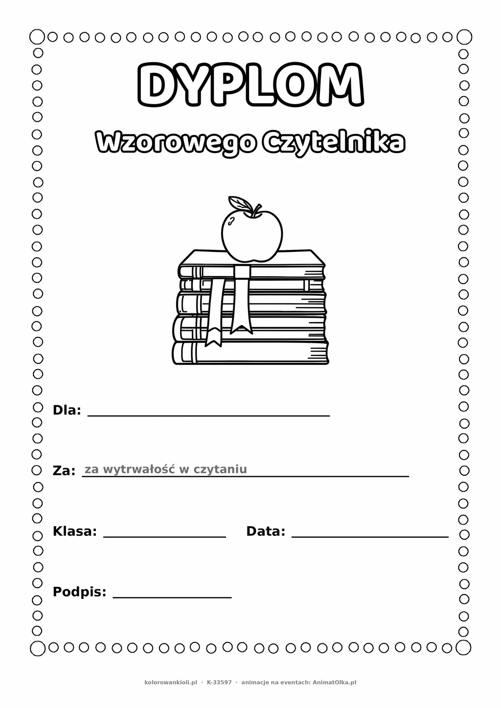 Dyplom wzorowego czytelnika: stos książek — do druku i kolorowania A4, pola na imię, datę i podpis