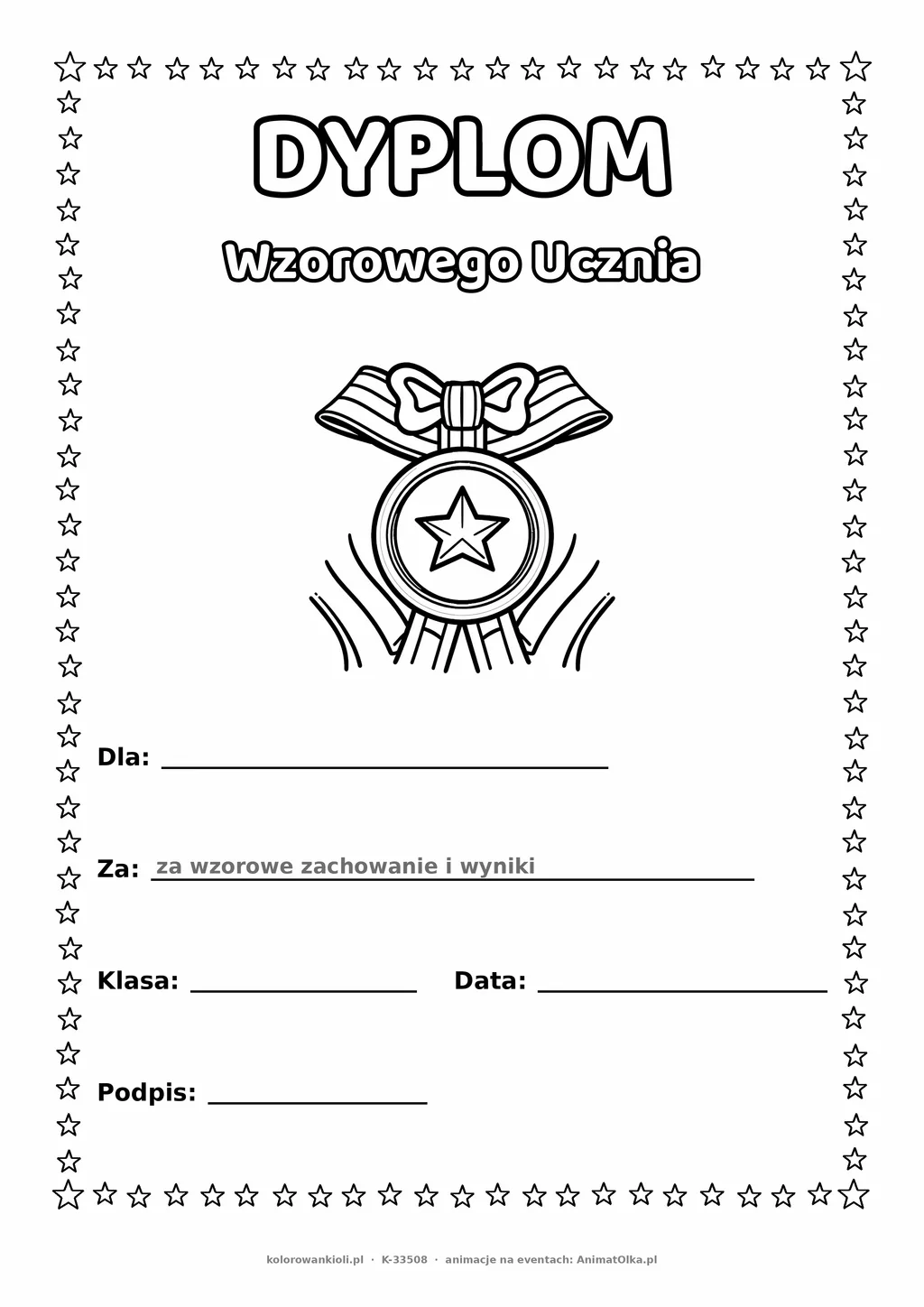 Dyplom wzorowego ucznia: medal z gwiazdą — do druku i kolorowania A4, pola na imię, datę i podpis