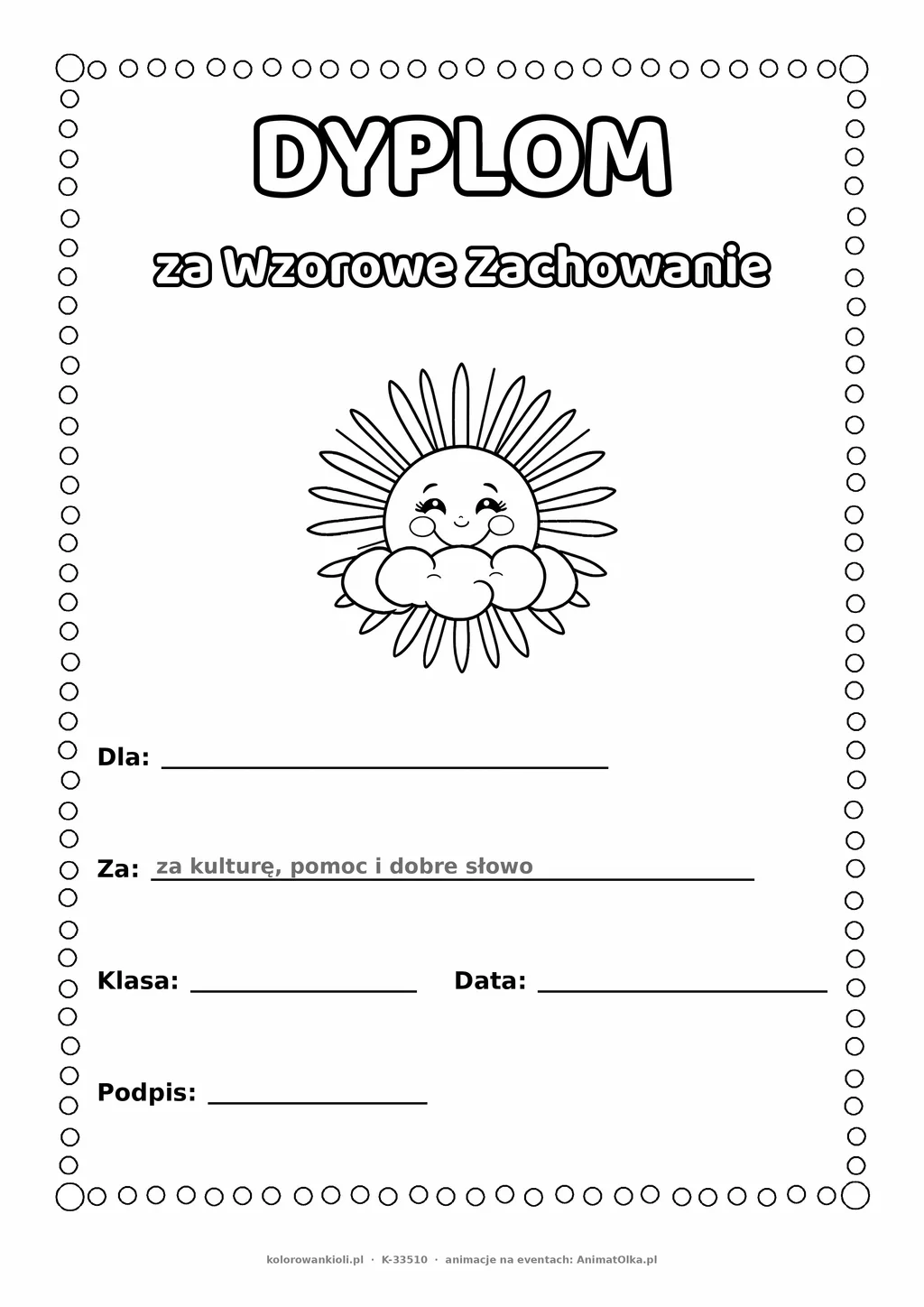 Dyplom za wzorowe zachowanie: słońce za chmurką — do druku i kolorowania A4, pola na imię, datę i podpis