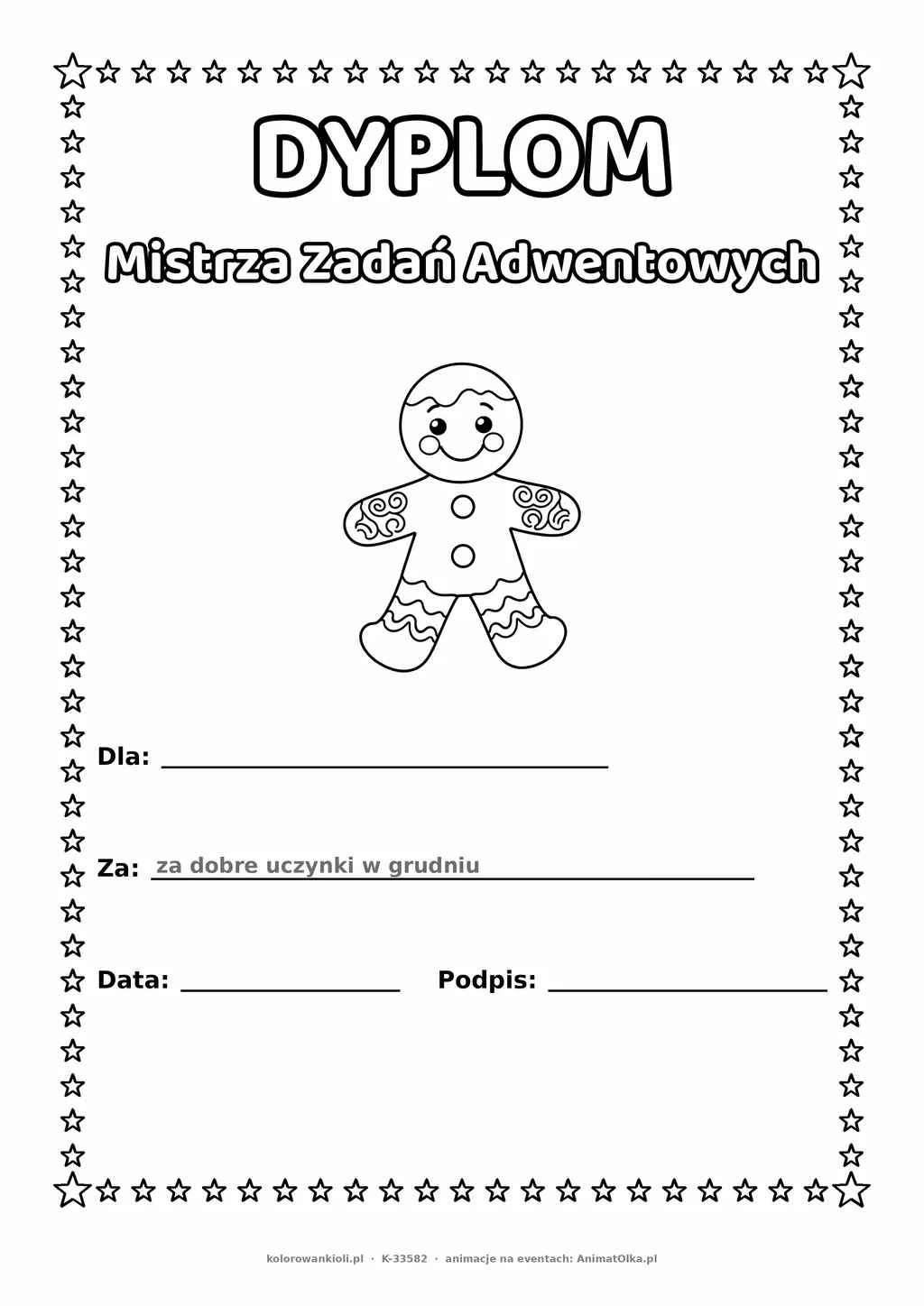 Dyplom za zadania adwentowe: pierniczek — do druku i kolorowania A4, pola na imię, datę i podpis