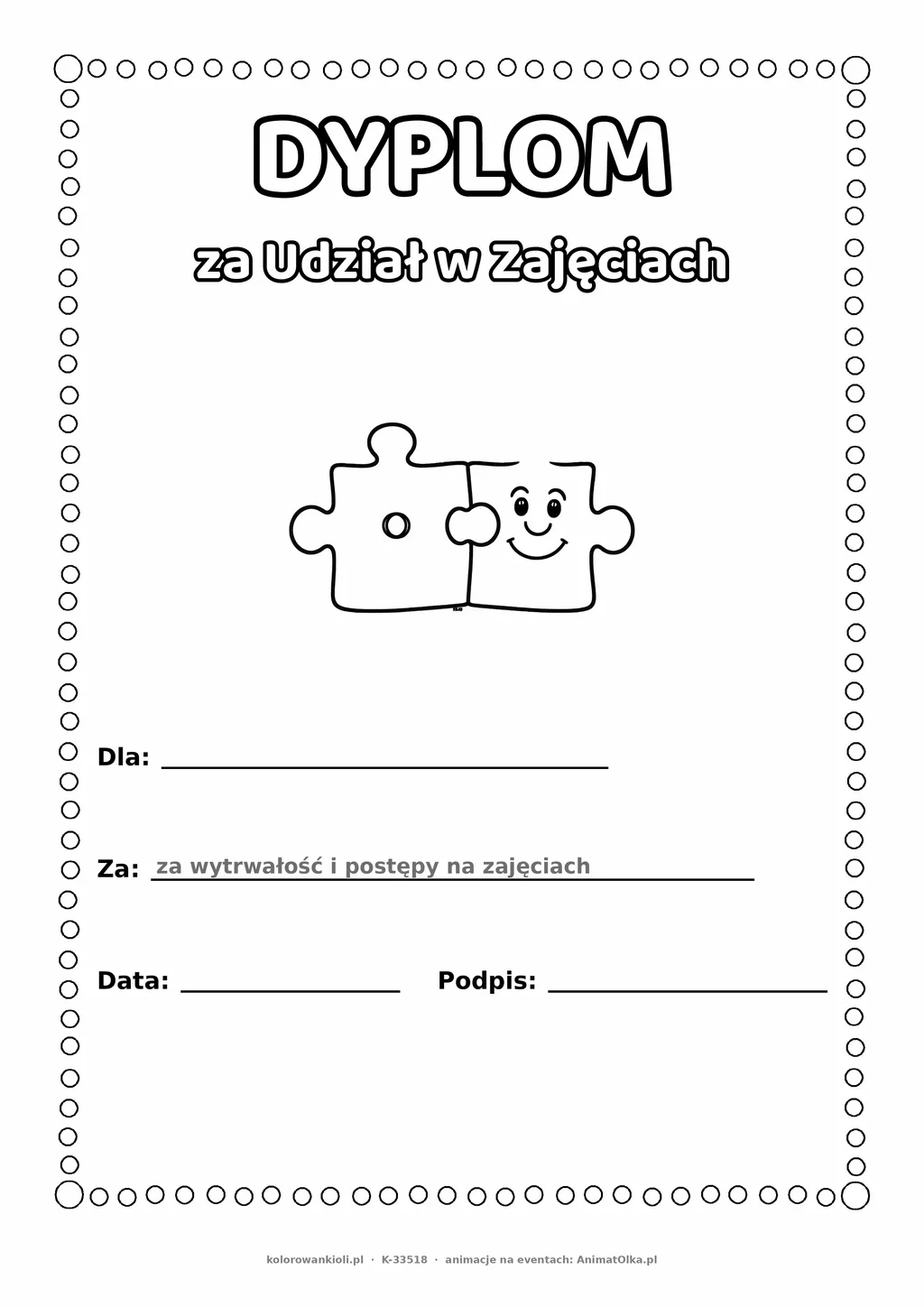 Dyplom za udział w zajęciach rewalidacyjnych: dwa puzzle — do druku i kolorowania A4, pola na imię, datę i podpis