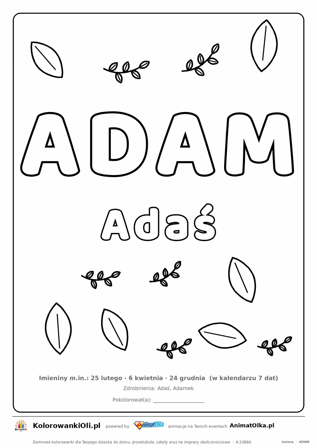 Imię ADAM do druku — konturowy napis do kolorowania z listkami, pod nim Adaś, na dole daty imienin