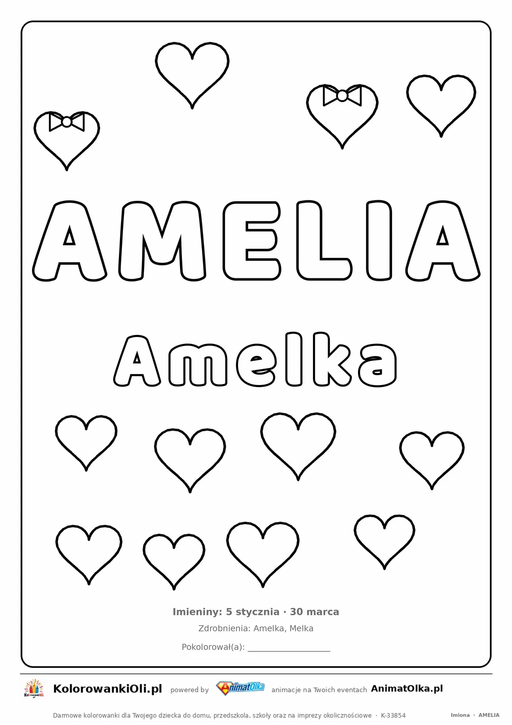 Imię AMELIA do druku — konturowy napis do kolorowania z serduszkami, pod nim Amelka, na dole daty imienin
