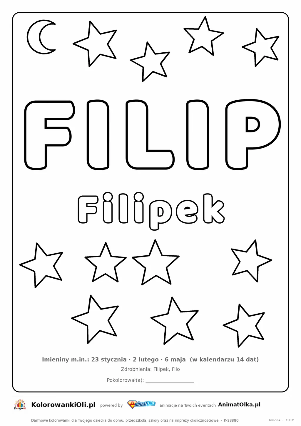 Imię FILIP do druku — konturowy napis do kolorowania z gwiazdkami, pod nim Filipek, na dole daty imienin