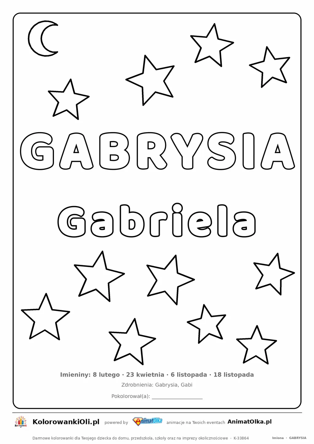 Imię GABRYSIA do druku — konturowy napis do kolorowania z gwiazdkami, pod nim Gabriela, na dole daty imienin