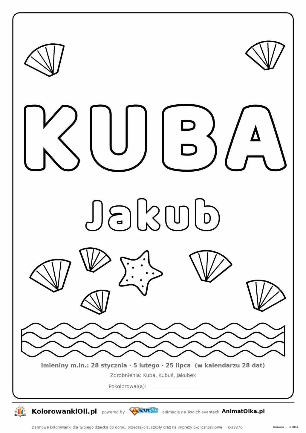 Imię KUBA do druku — konturowy napis do kolorowania z falami i muszelkami, pod nim Jakub, na dole daty imienin