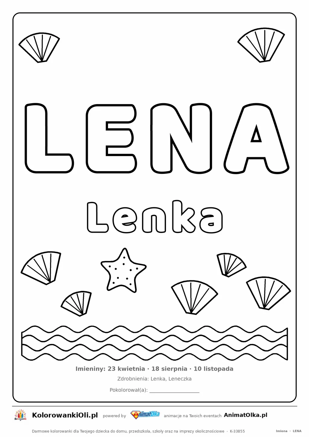 Imię LENA do druku — konturowy napis do kolorowania z falami i muszelkami, pod nim Lenka, na dole daty imienin
