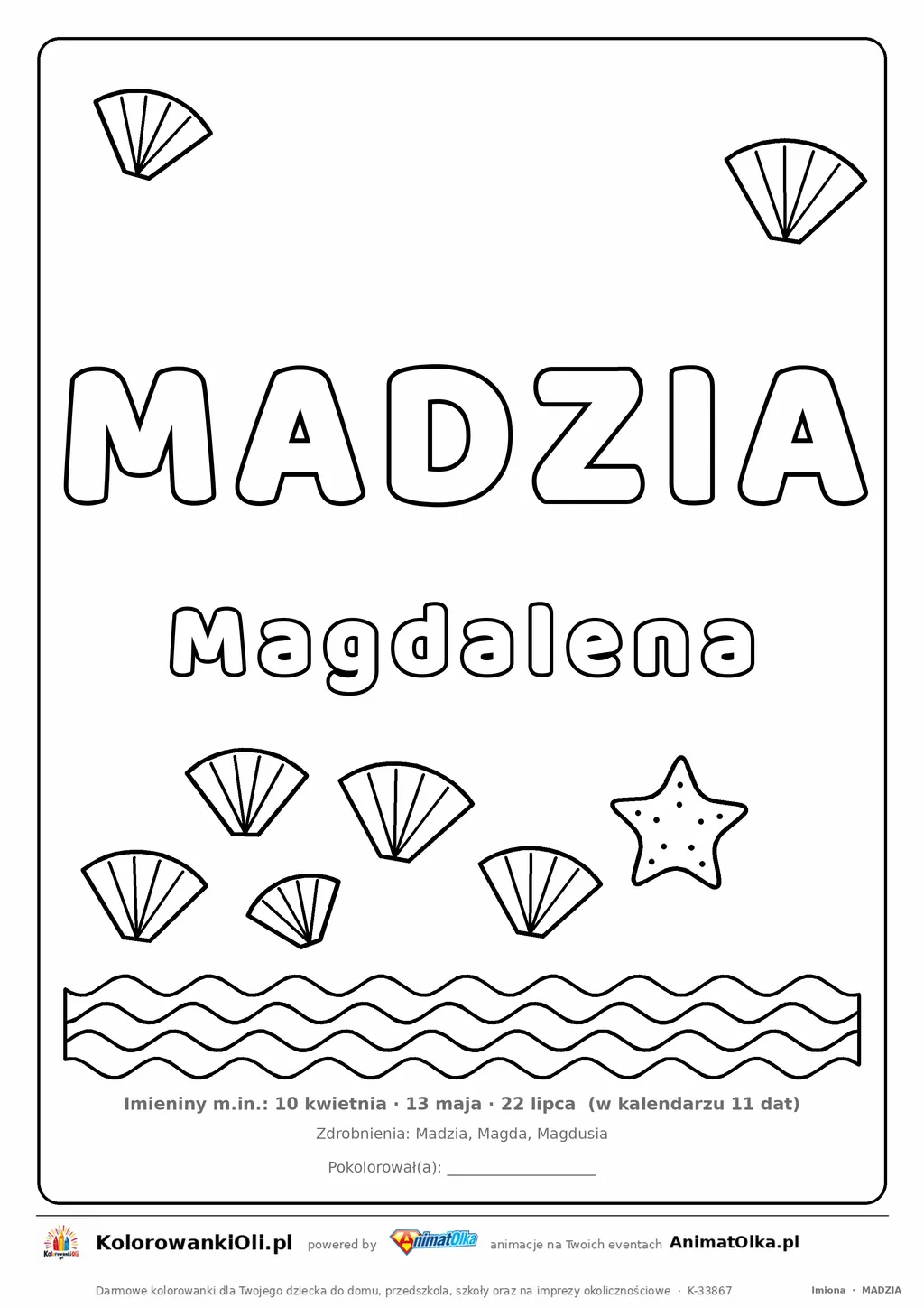Imię MADZIA do druku — konturowy napis do kolorowania z falami i muszelkami, pod nim Magdalena, na dole daty imienin