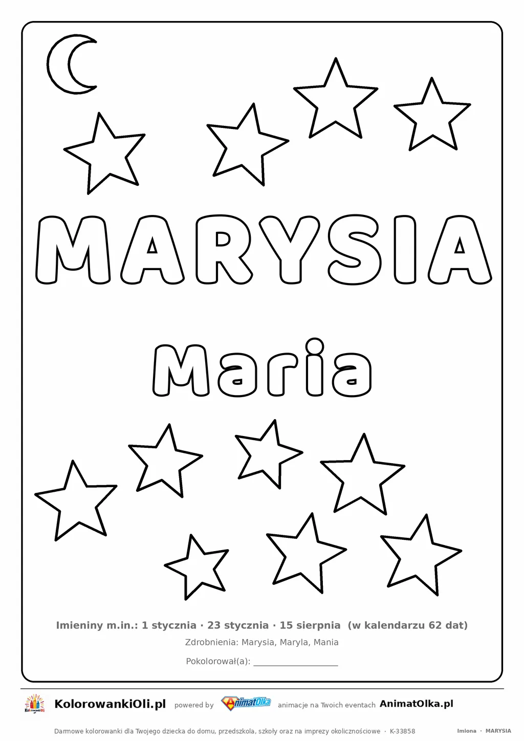 Imię MARYSIA do druku — konturowy napis do kolorowania z gwiazdkami, pod nim Maria, na dole daty imienin