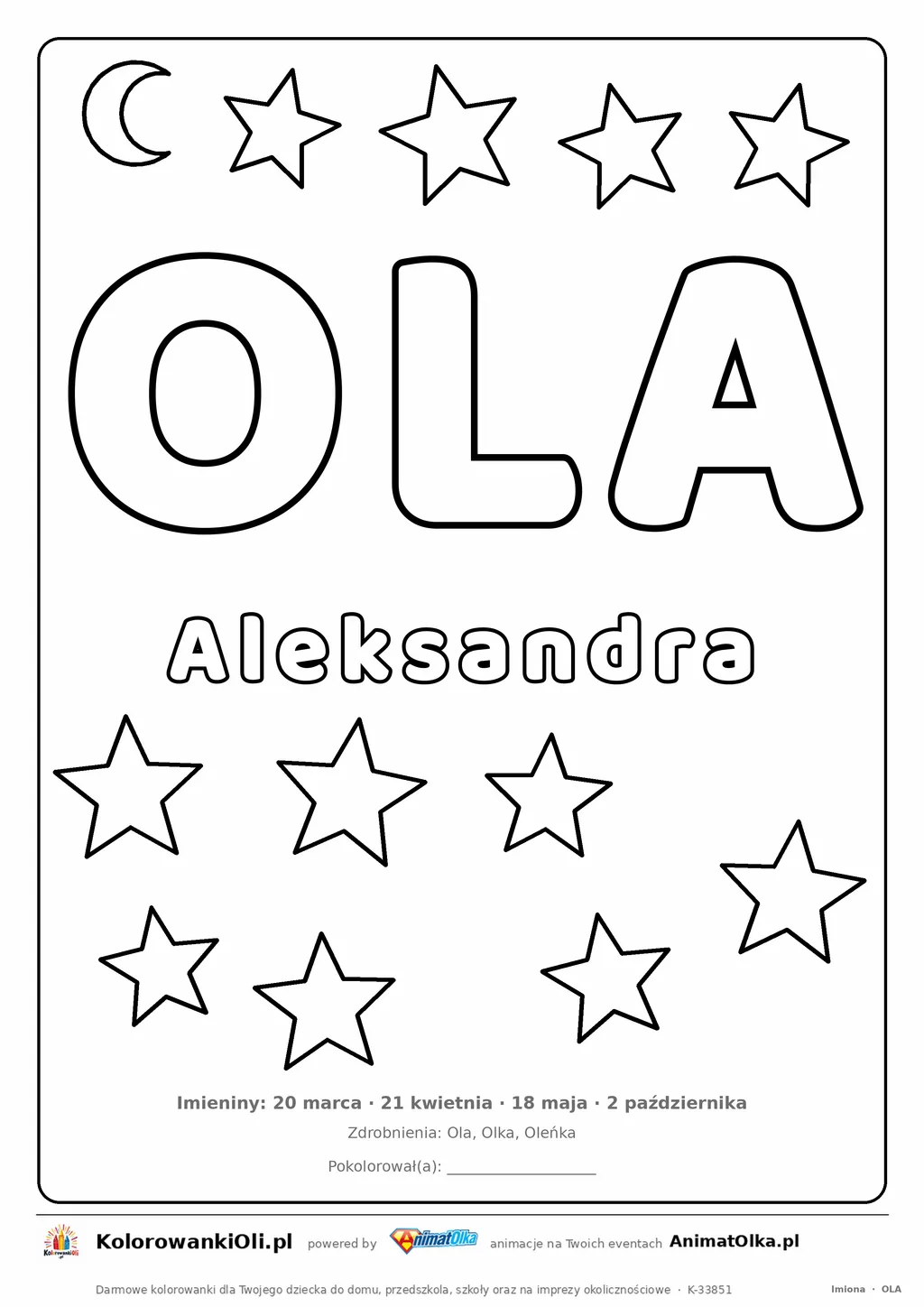 Imię OLA do druku — konturowy napis do kolorowania z gwiazdkami, pod nim Aleksandra, na dole daty imienin