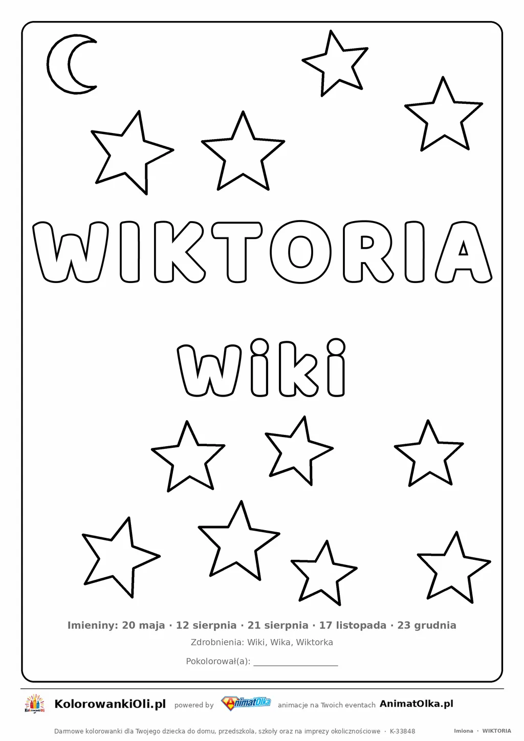 Imię WIKTORIA do druku — konturowy napis do kolorowania z gwiazdkami, pod nim Wiki, na dole daty imienin
