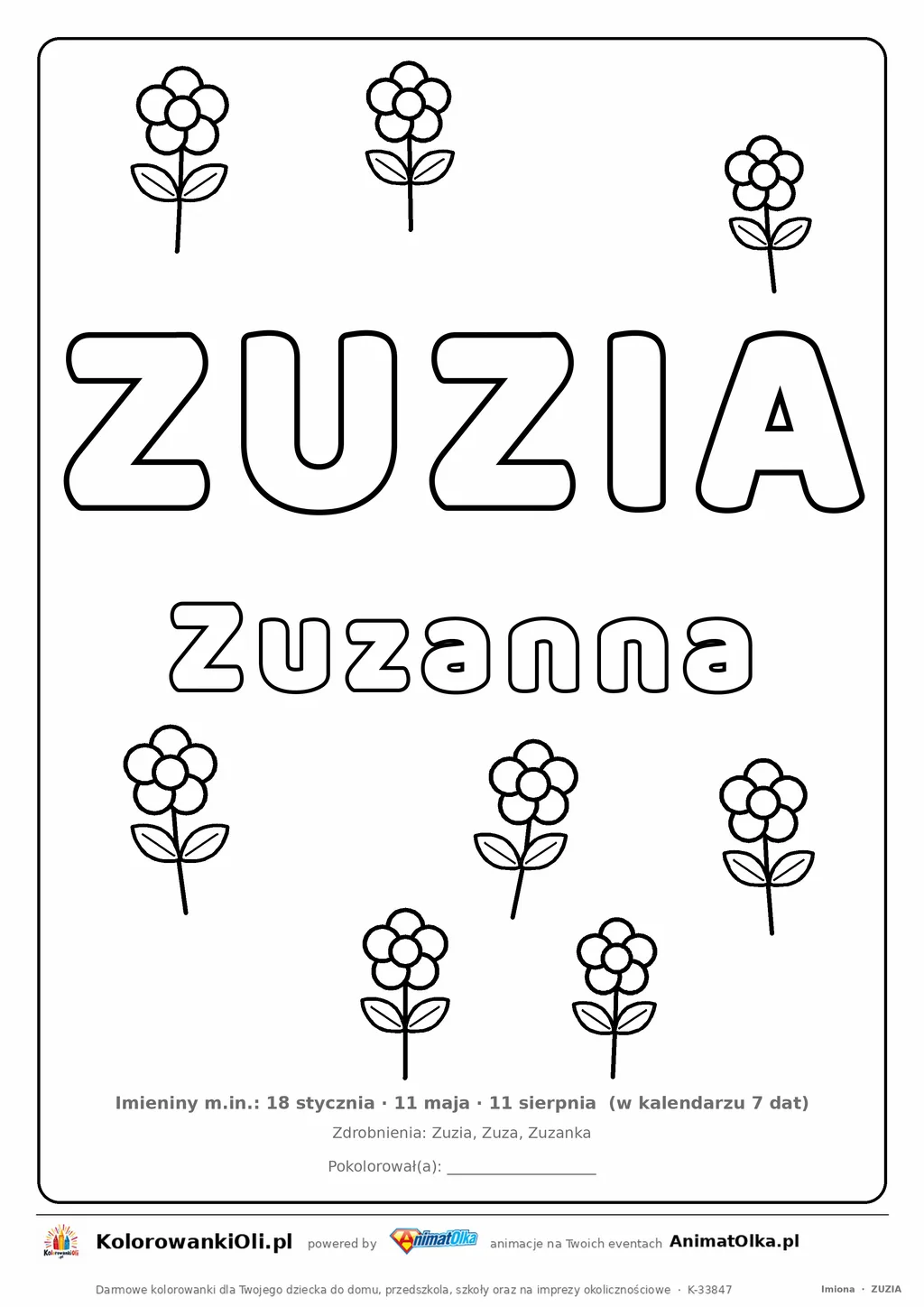 Imię ZUZIA do druku — konturowy napis do kolorowania z kwiatami, pod nim Zuzanna, na dole daty imienin