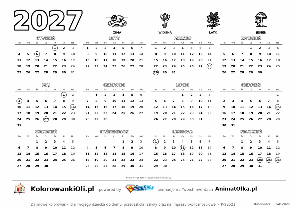 Kalendarz 2027 poziomy do kolorowania — 12 miesięcy na kartce A4 w poziomie, dni wolne w kółkach, pory roku do pokolorowania