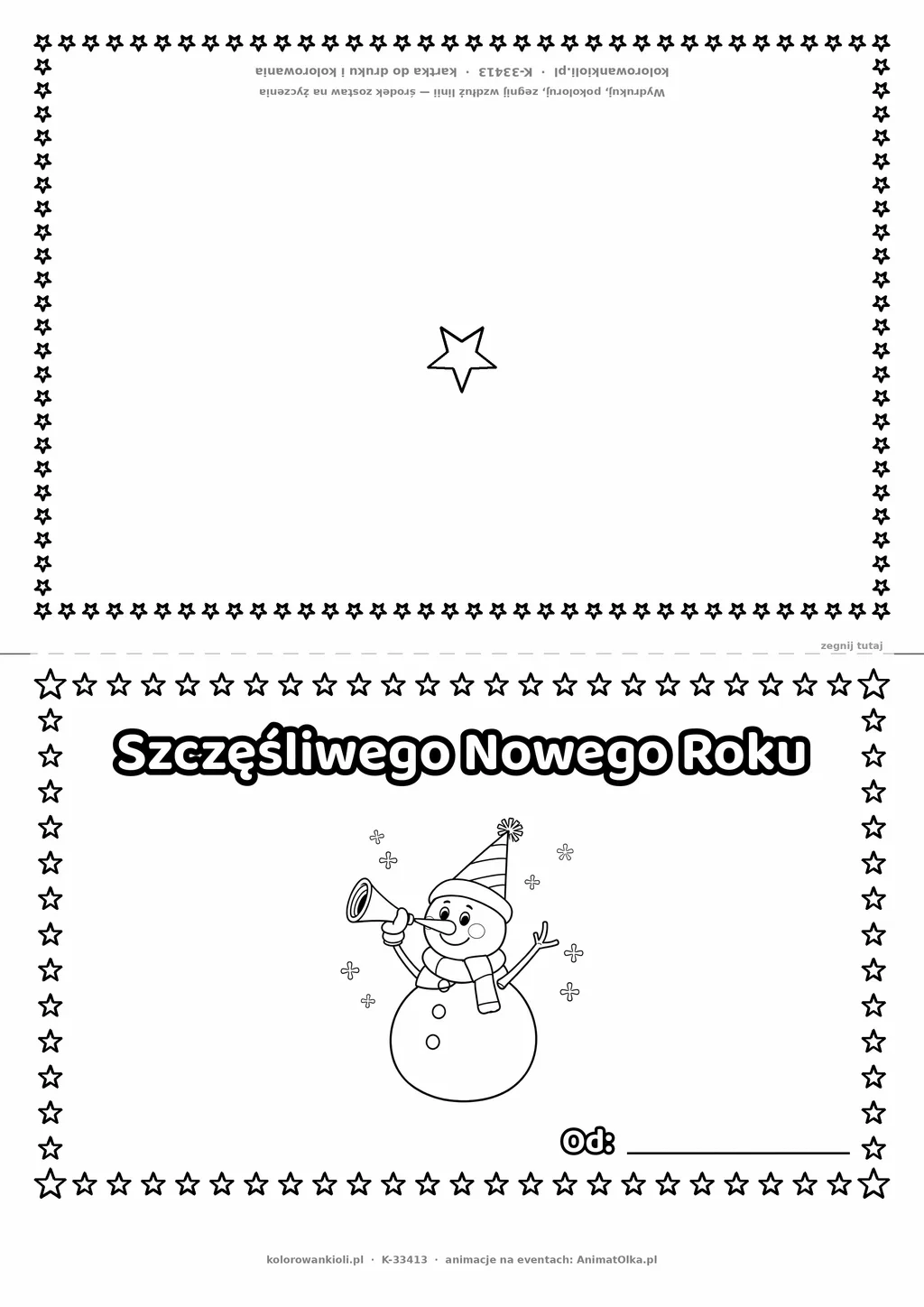 Kartka na Nowy Rok: bałwanek z trąbką — do druku i kolorowania (A4, składana)